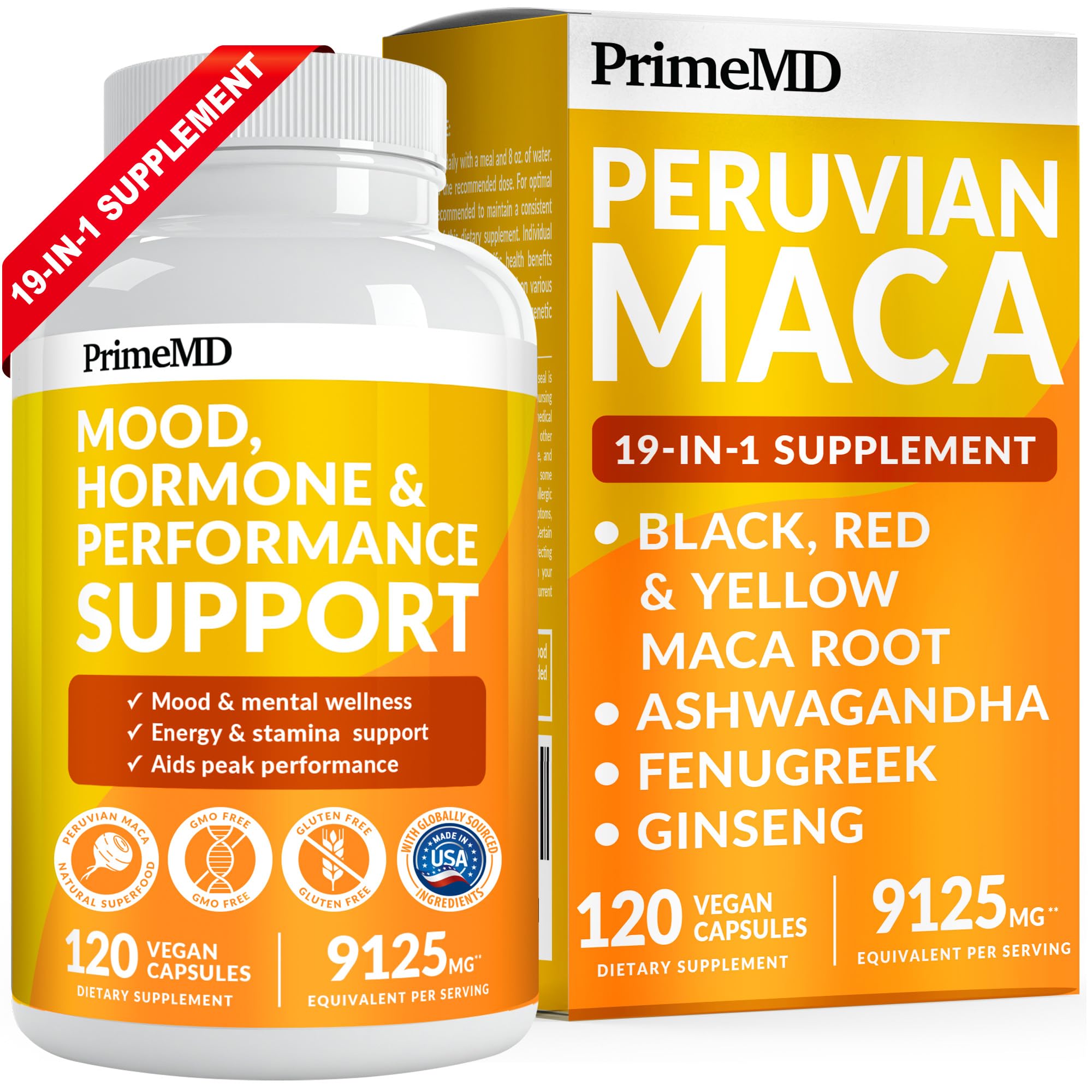 PrimeMD 19-in-1 Peruvian Maca Root Capsules - 9125mg Ashwagandha Supplement with Maca, Fenugreek & Ginseng for Mood, Hormone & Performance Support (120 Capsules) - Energy Boost, Stress Relief & Libido Enhancer for Men & Women