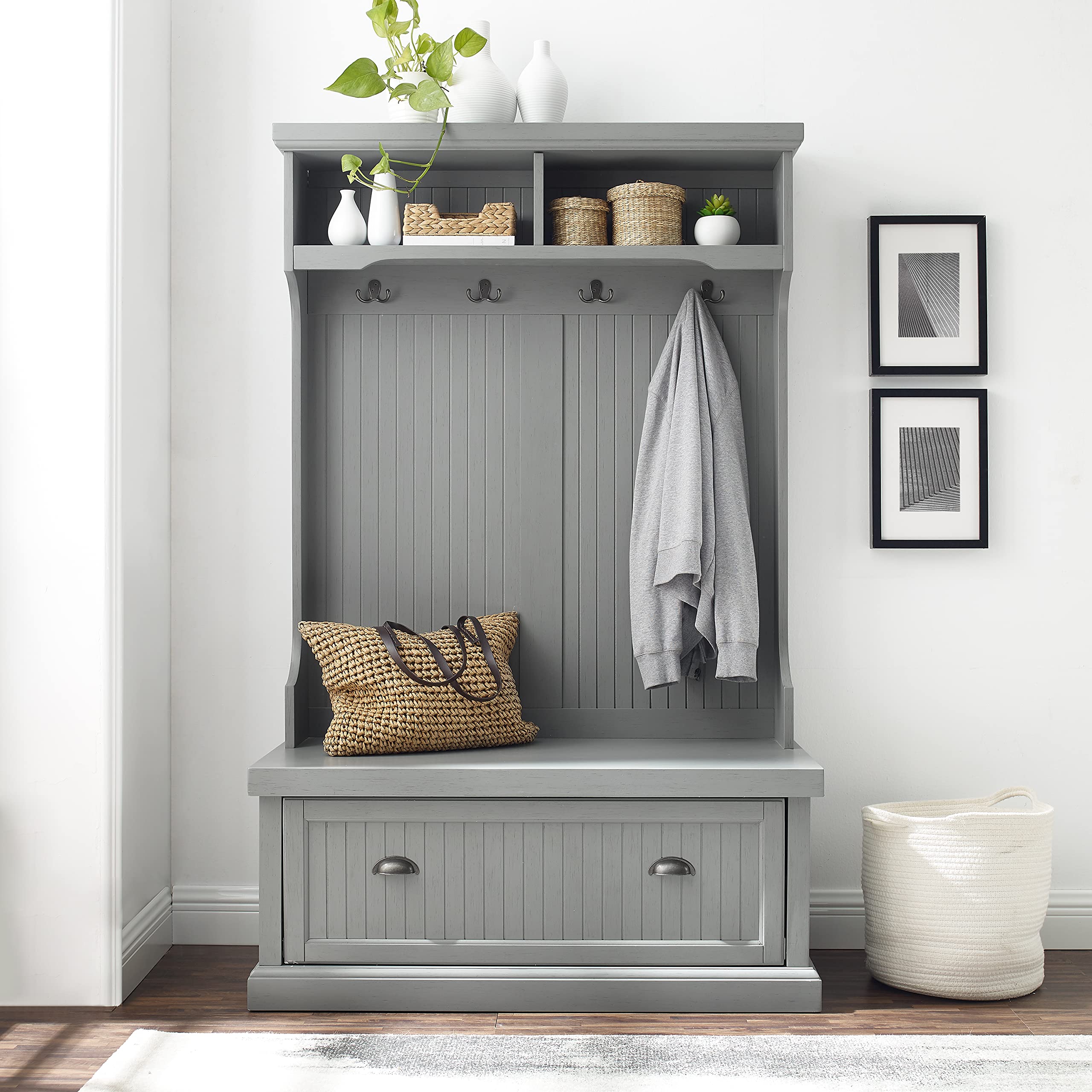 Crosley Furniture Seaside Hall Tree with Shoe Rack Bench & Coat Hooks - Entryway Storage Organizer in Distressed Gray - Perfect for Mudrooms, Foyers & Small Spaces