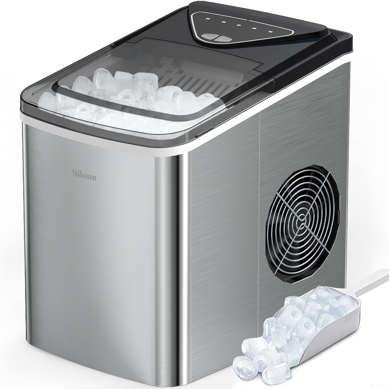 Silonn Countertop Ice Maker Machine - 9 Cubes in 6 Minutes, 26lbs Daily, Self-Cleaning with Ice Scoop & Basket - Bullet Ice Maker for Home, Office, RV & Parties - Stainless Steel Portable Ice Machine