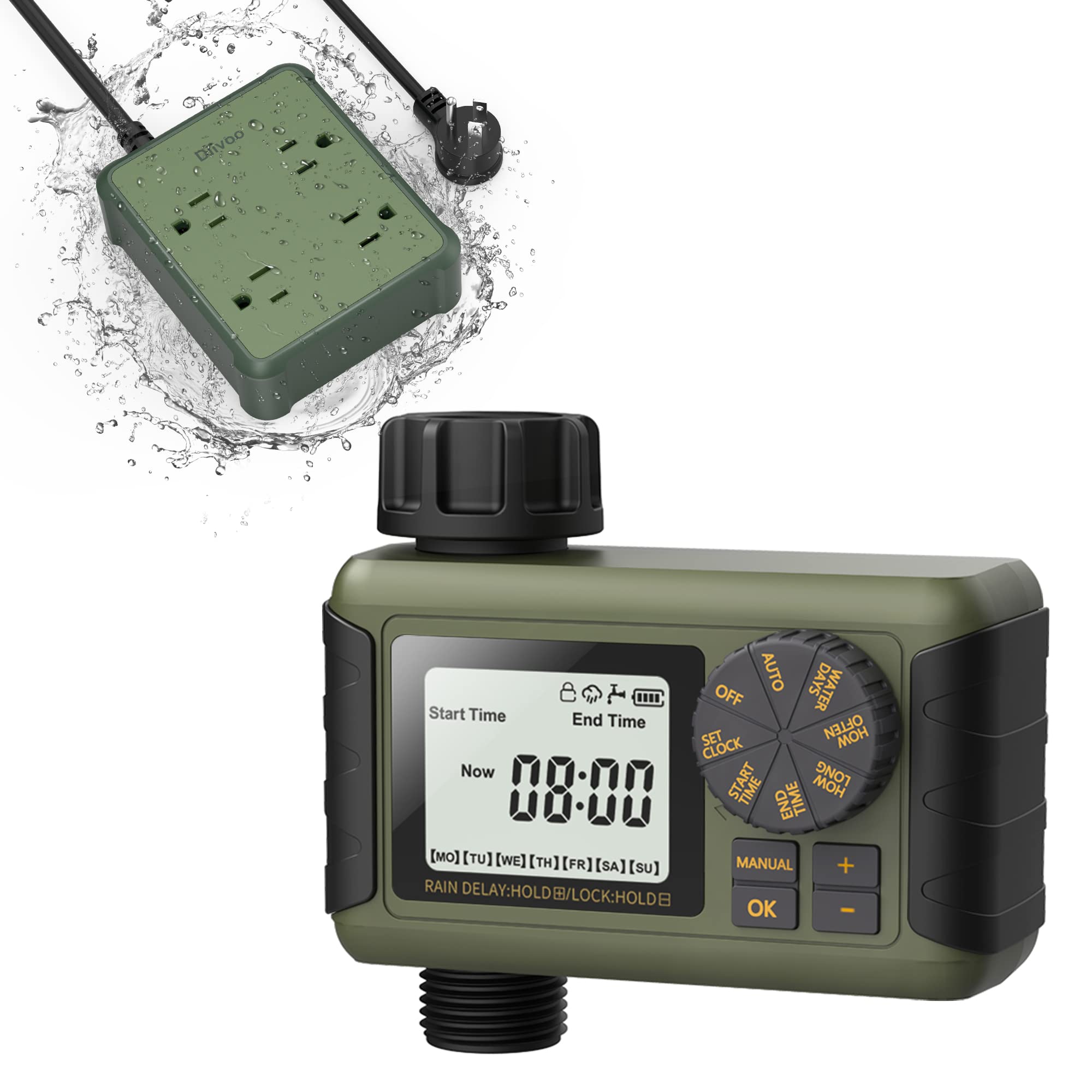 Weatherproof Outdoor Water Hose Timer & Power Strip Bundle - Durable Garden Hose Timer for Lawn, Pool Filling, Courtyard & Aquarium Use | Perfect for Automatic Watering, Irrigation & Outdoor Power Needs