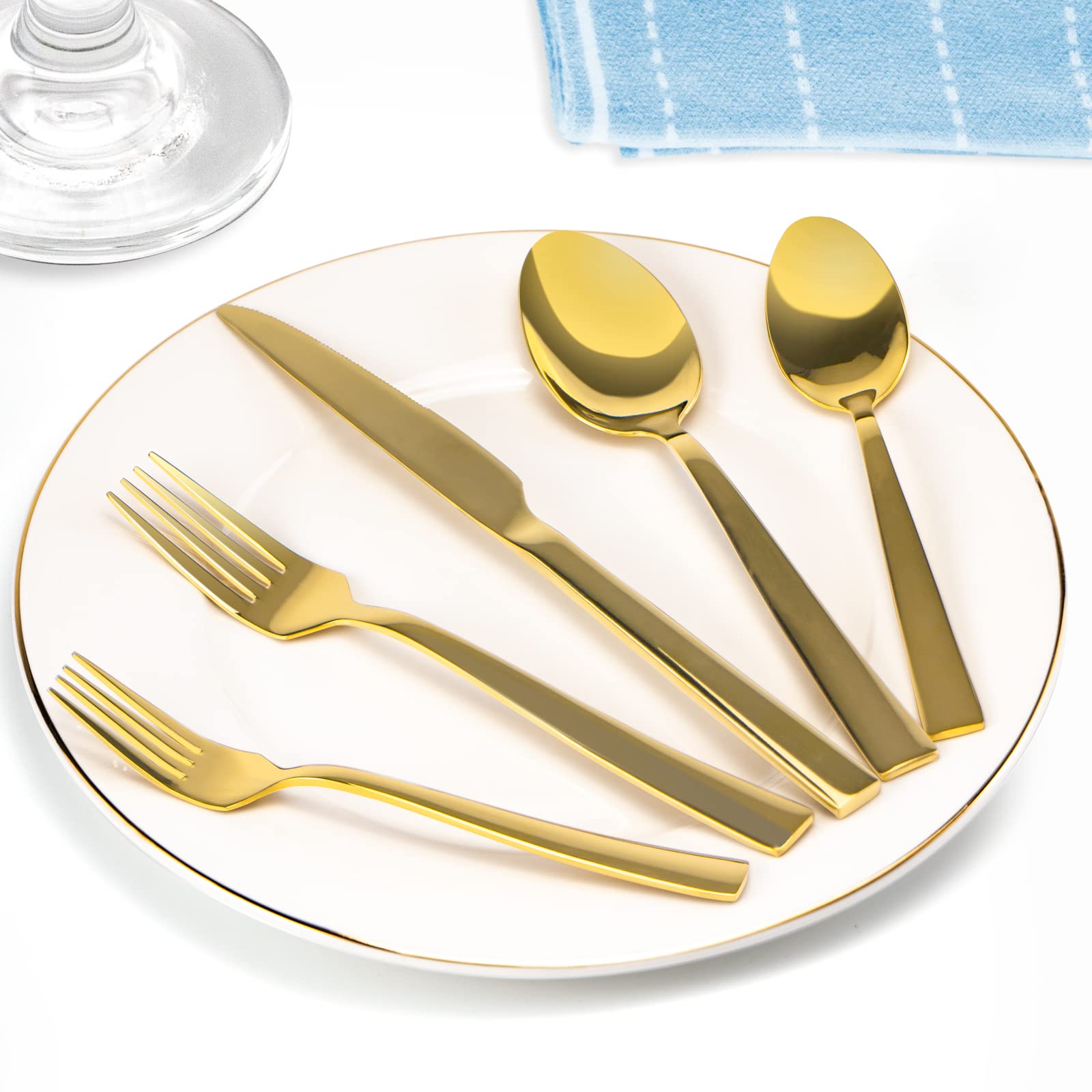 Briout 40-Piece Stainless Steel Flatware Set - Gold Silverware Cutlery for 8, Luxury Square Tableware with Thick Knife Fork Spoon, Mirror Polished - Perfect for Home Kitchen, Restaurant, Wedding & Dinner Parties