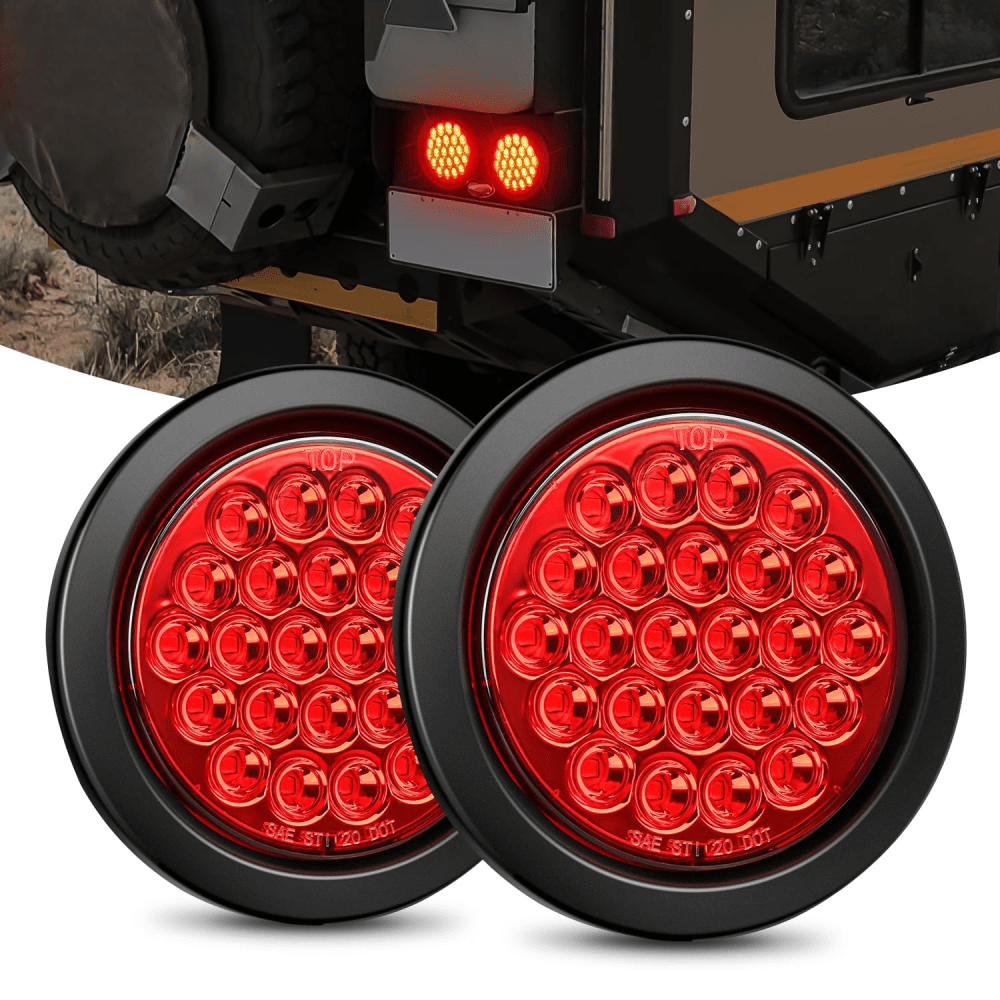 4 Inch Red Round 24 LED Flush Mount Tail Lights with Grommets - 2 Pack for Motorcycle, Boat & RV Safety Lighting