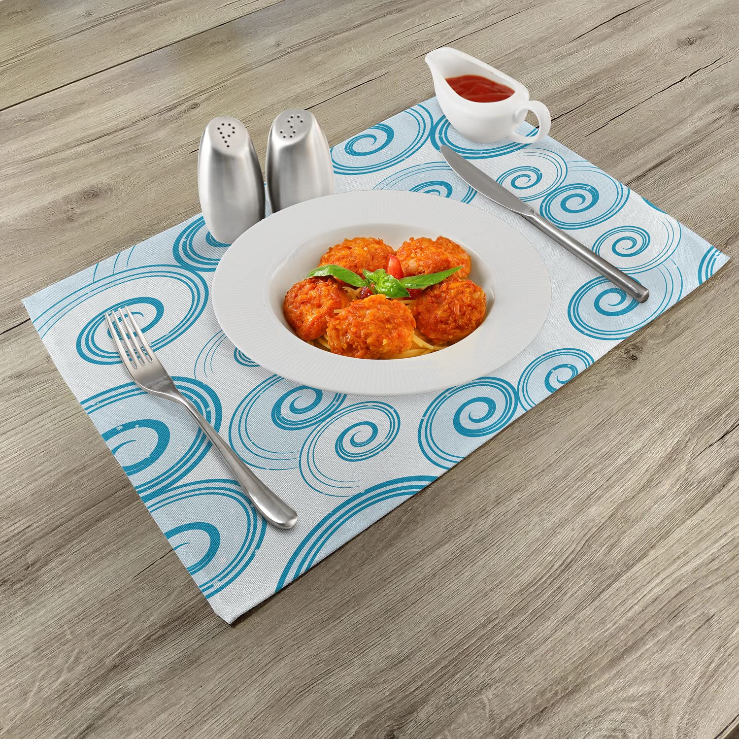 Ambesonne 4-Pack Teal and White Placemats - Ocean Wave Inspired Abstract Blue Swirl Design, Washable Fabric Table Mats for Dining Room & Kitchen Decor | Perfect for Beach-Themed Dinner Parties, Coastal Home Styling, and Everyday Meals