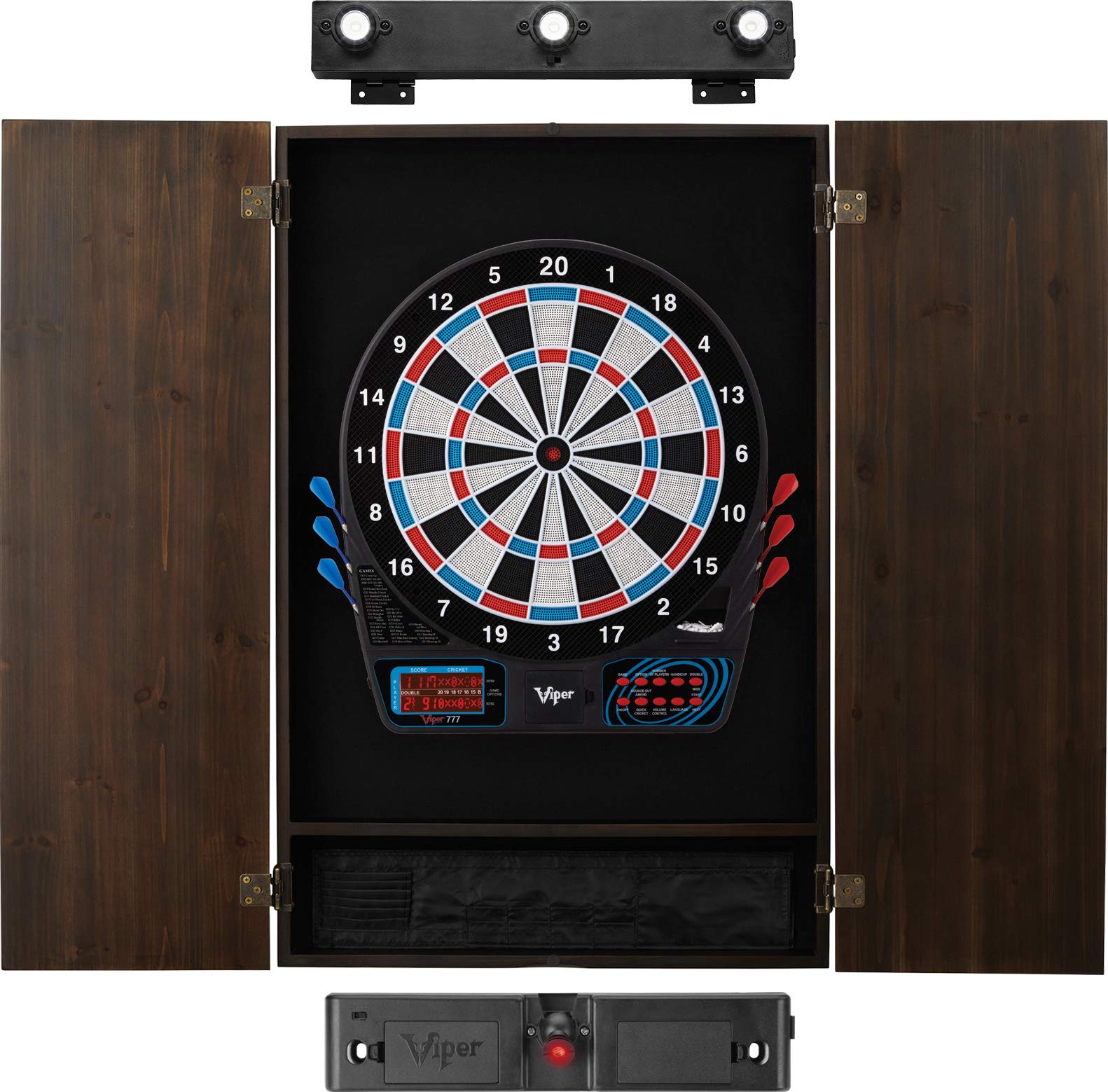 Viper 777 Electronic Dartboard Set with Metropolitan Espresso Cabinet, Laser Throw Line & Shadow Buster Light - Professional Dart Game Accessories for Home, Bar, and Game Room Entertainment