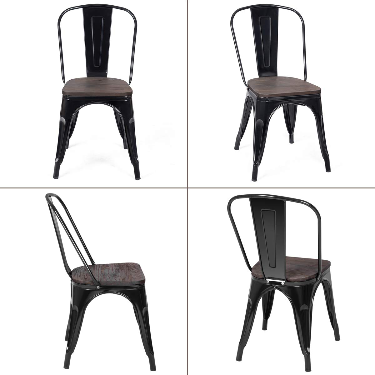 GOFLAME Set of 4 Metal Dining Chairs with Wood Seat - Tolix Style Stackable Bistro Chairs for Indoor & Outdoor Use - High Back Cafe Side Chairs for Restaurant, Living Room, Patio & Kitchen (Black)