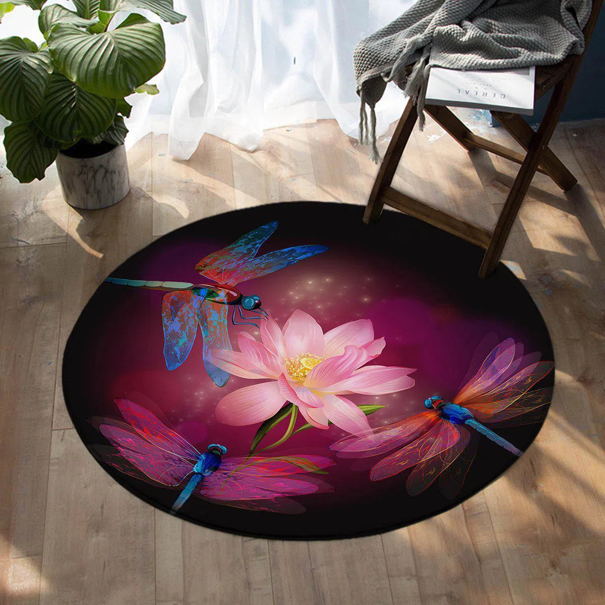 Dragonflies and Lotus Round Area Rug - Non-Slip Boho Chic Floor Mat for Living Room, Bedroom, or Nursery Decor