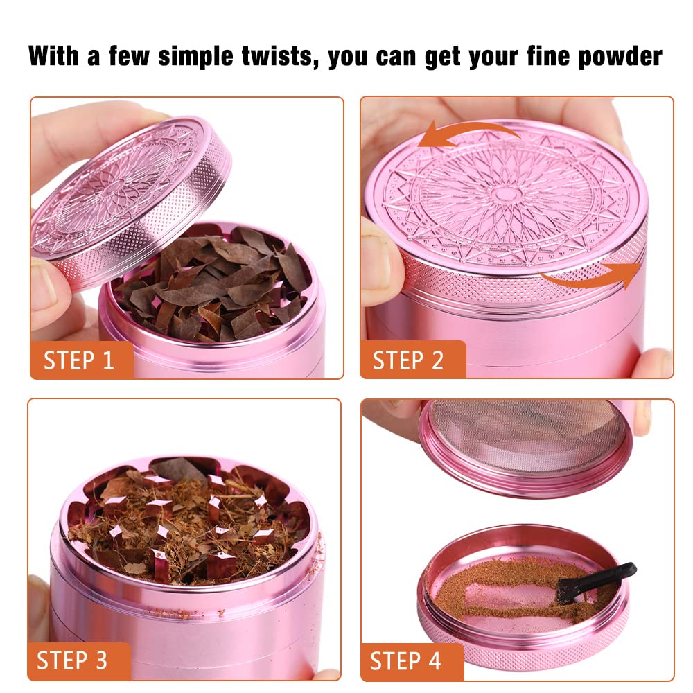 Premium Spespo 2.5 Inch (63mm) Aluminum Herb Grinder with Floral Design - 4 Piece Large Grinder with Pollen Scraper (Pink) - Perfect for Grinding Herbs, Spices & Tobacco at Home or On-The-Go