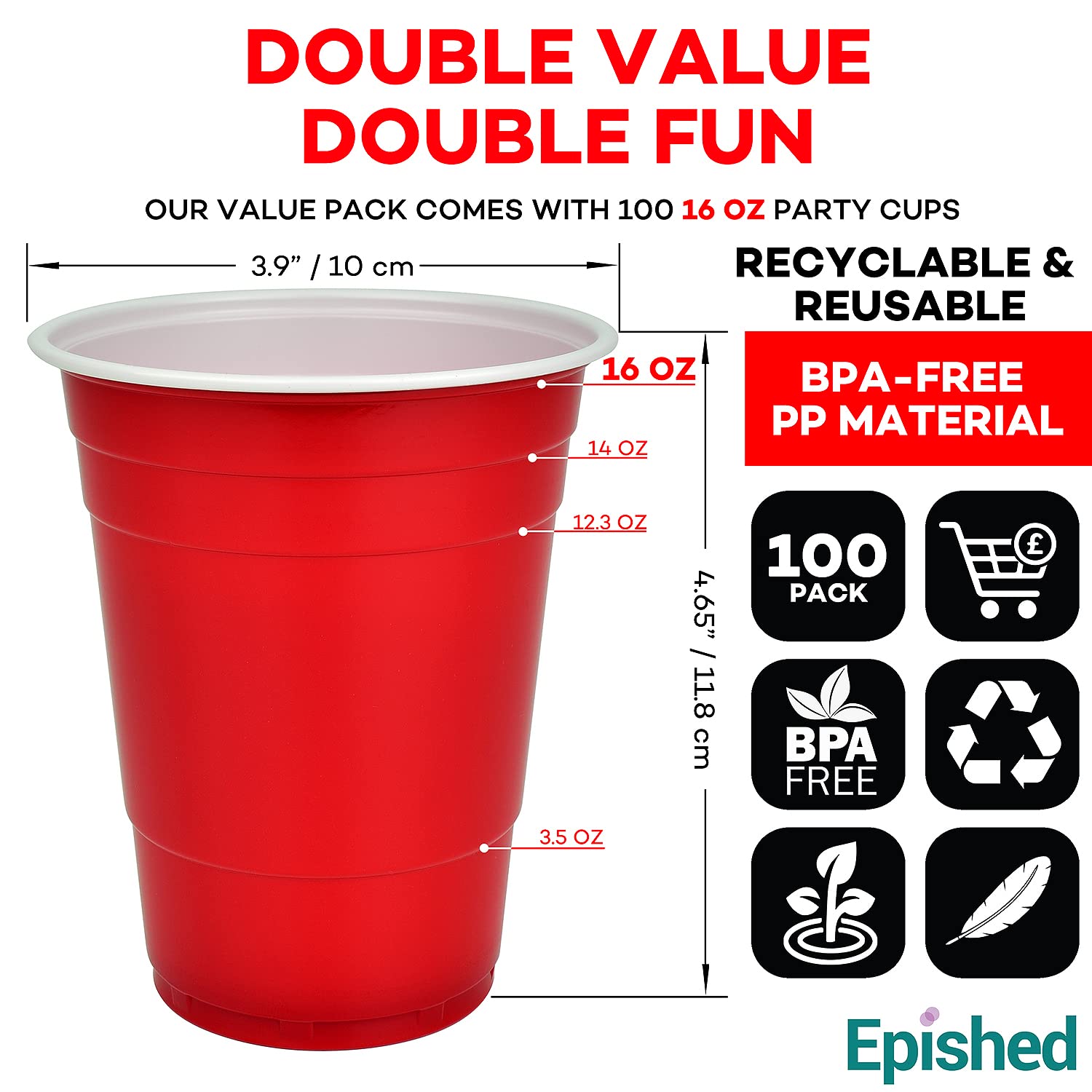 Epished 100-Pack 16 oz Large Red Plastic Cups - Disposable, Recyclable, Odorless & Shatterproof Party Cups for Beer, Cocktails, BBQs, and Outdoor Events - Durable PP Material Drinking Cups for College Parties, Tailgating, and Celebrations