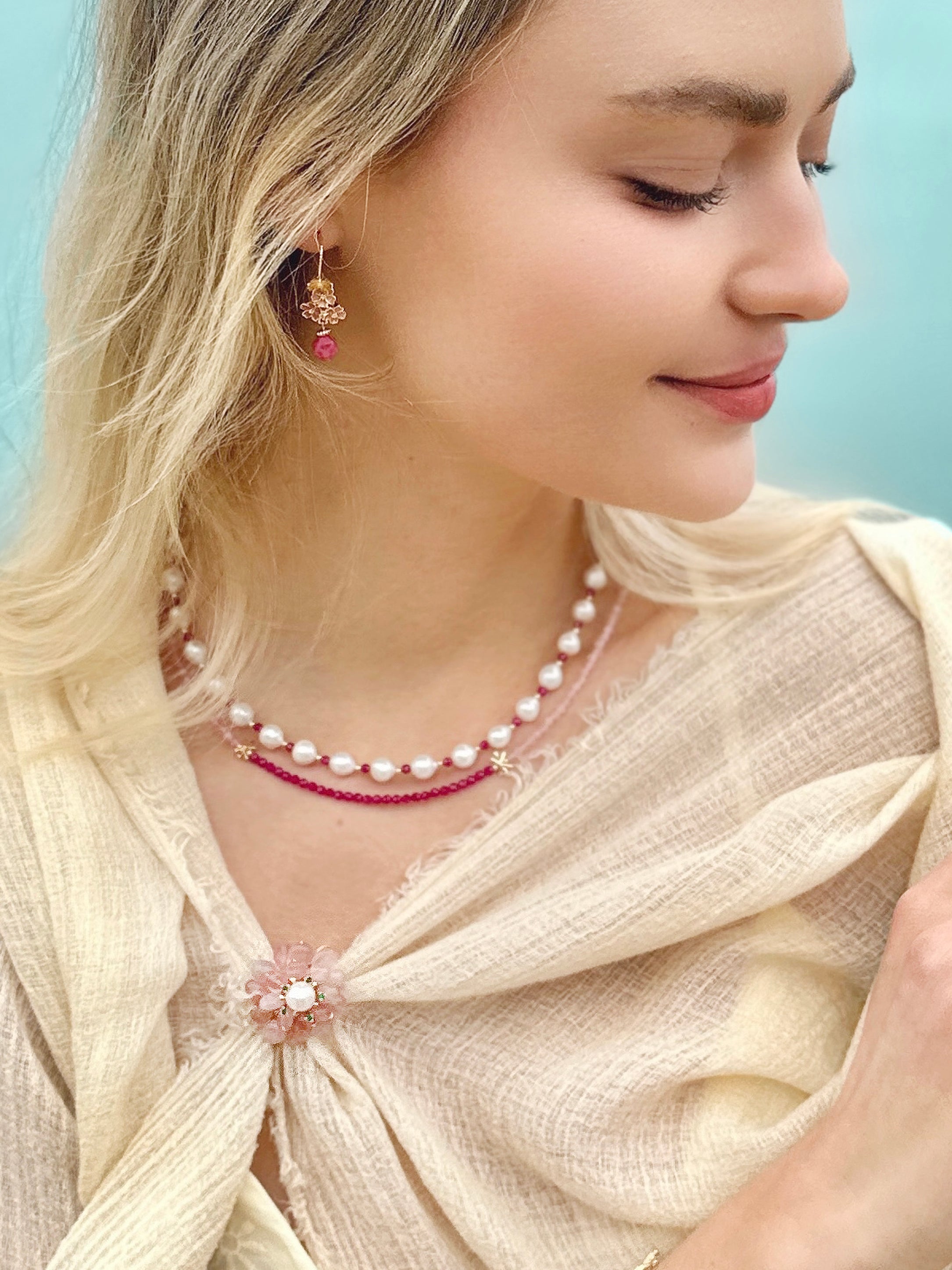 Premium Freshwater Pearl & Genuine Red Ruby Necklace LN005 - Elegant Gift for Women, Perfect for Weddings & Special Occasions