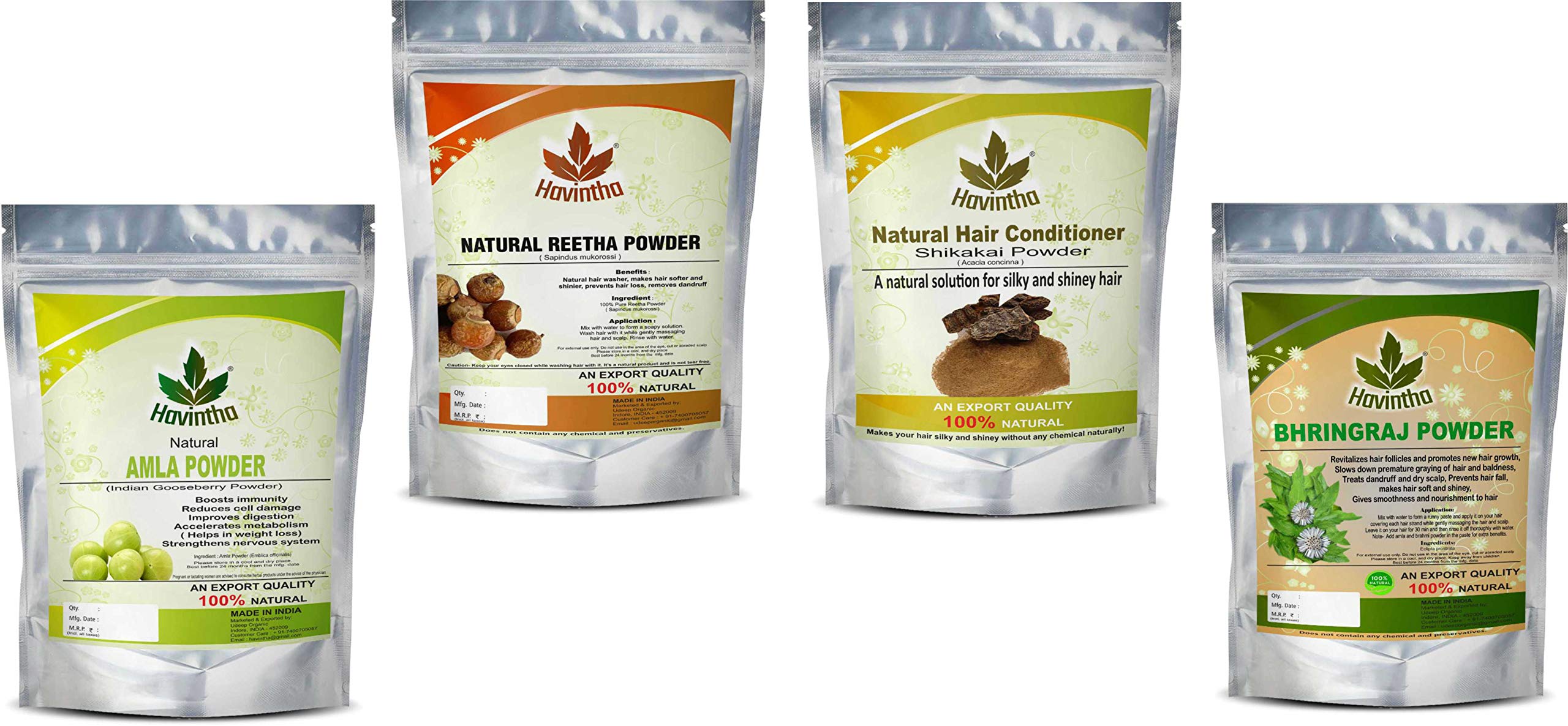 Havintha Amla Reetha Shikakai & Bhringraj Hair Powder - 100g Each (4-Pack Combo) | Natural Ayurvedic Hair Care for Growth, Shine & Scalp Health | Perfect for DIY Hair Masks & Herbal Treatments