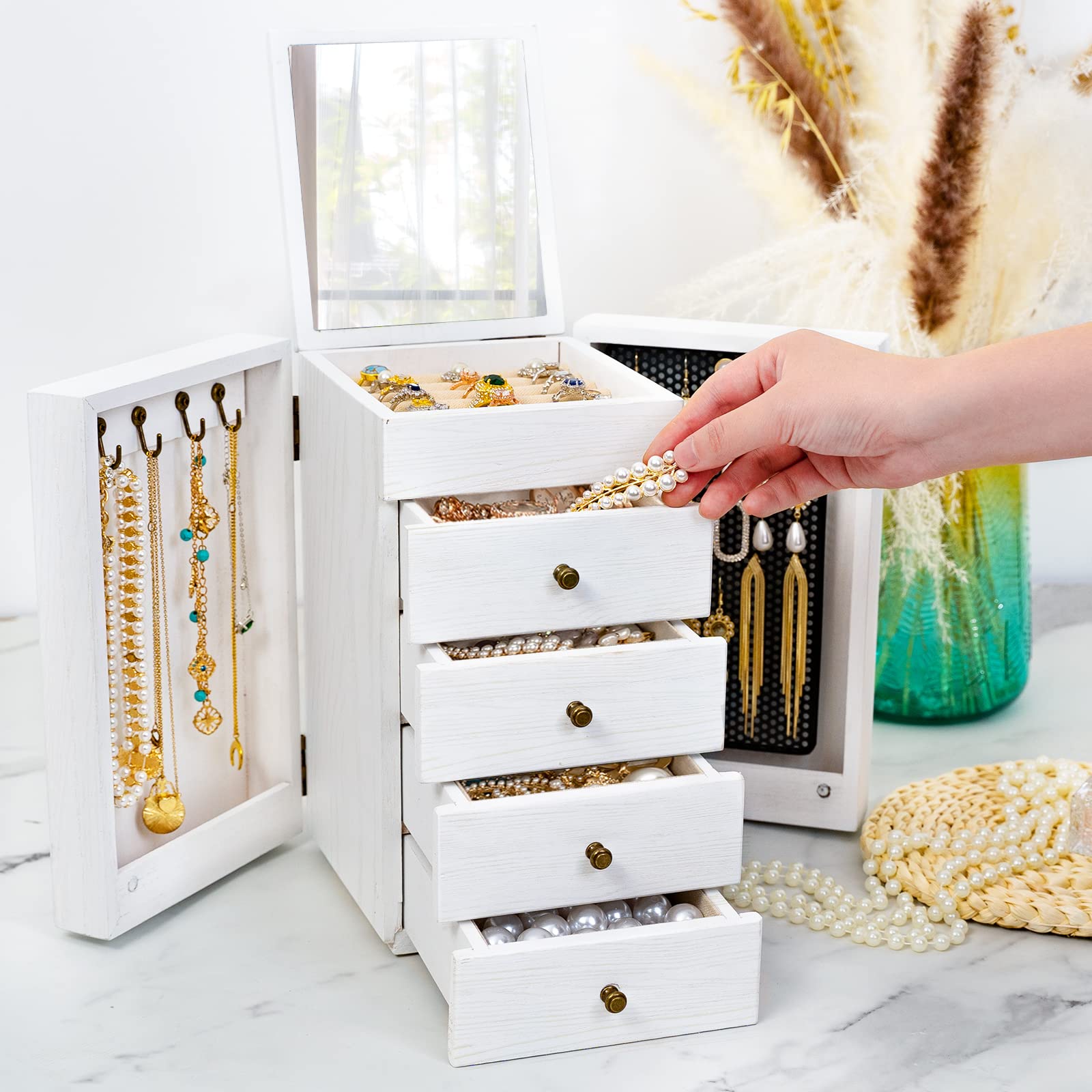 Meangood 5-Layer Wooden Jewelry Organizer Box with Mirror & 4 Drawers - Large Storage for Rings, Earrings, Necklaces (White) - Perfect for Women's Bedroom Vanity, Dresser & Travel Jewelry Organization