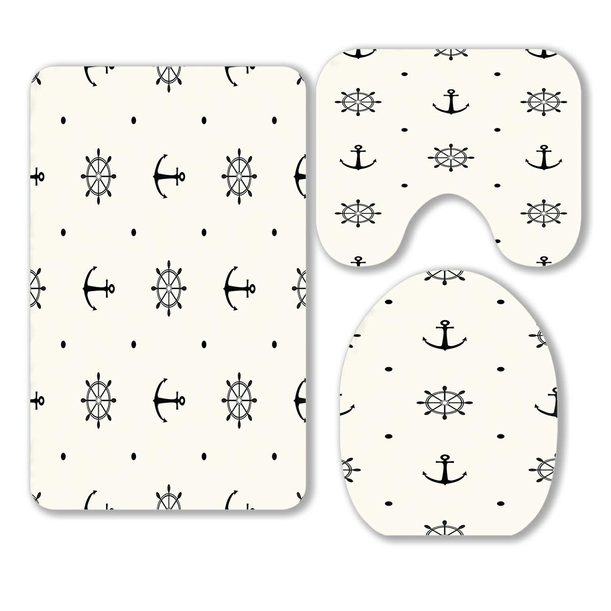 Retro Polka Dot Bathroom Rug Set with Anchors & Wheels - 3 Piece Non-Slip Bath Mat, Contour Rug & Toilet Lid Cover for Vintage Coastal Decor - Perfect for Beach House, Nautical Theme Bathroom & Guest Bath Decor