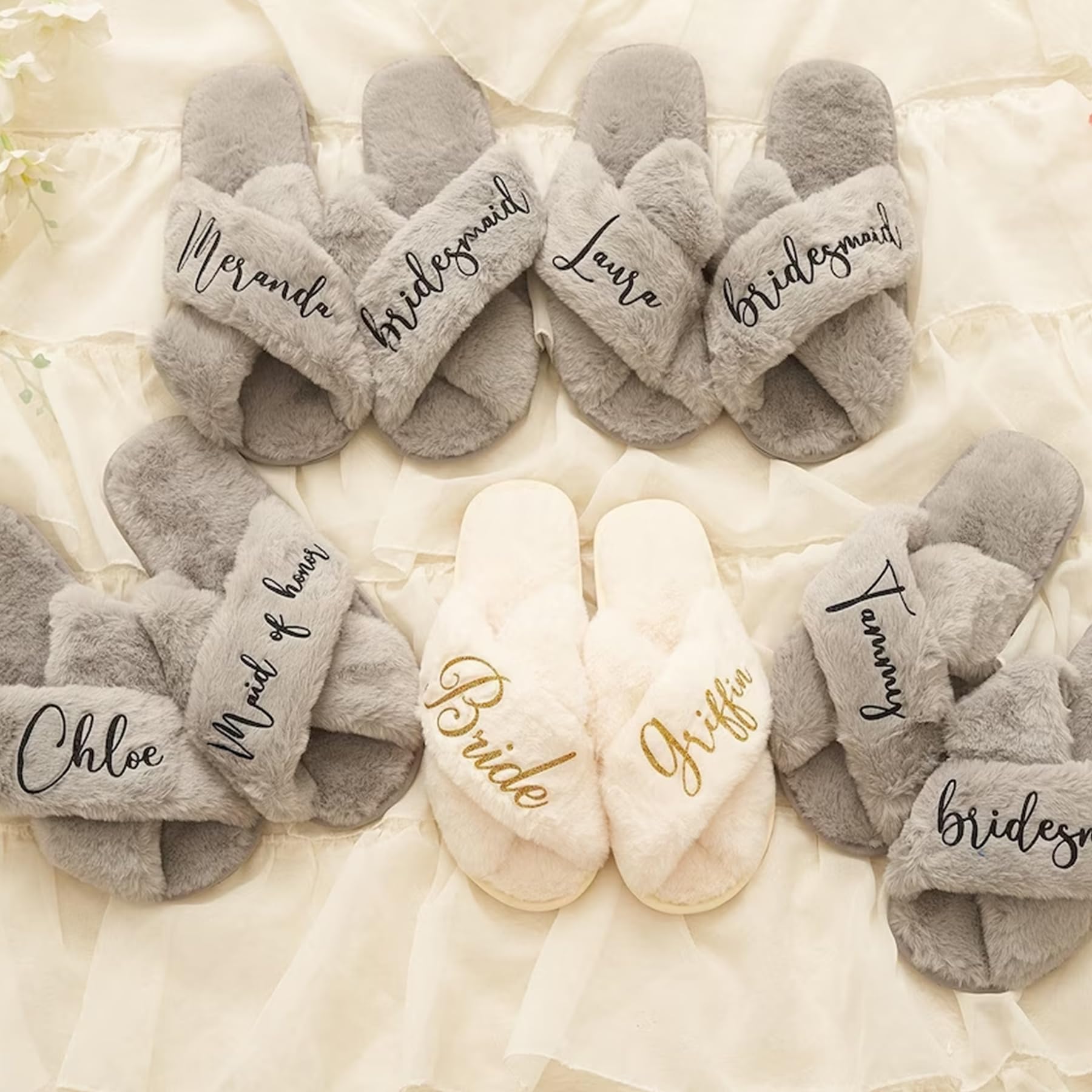 Personalized Fluffy Bridesmaid Slippers - Custom Bride Slippers for Bachelorette Party, Bridal Shower & Wedding Gifts - Cozy House Shoes for Bridal Party & Newlyweds