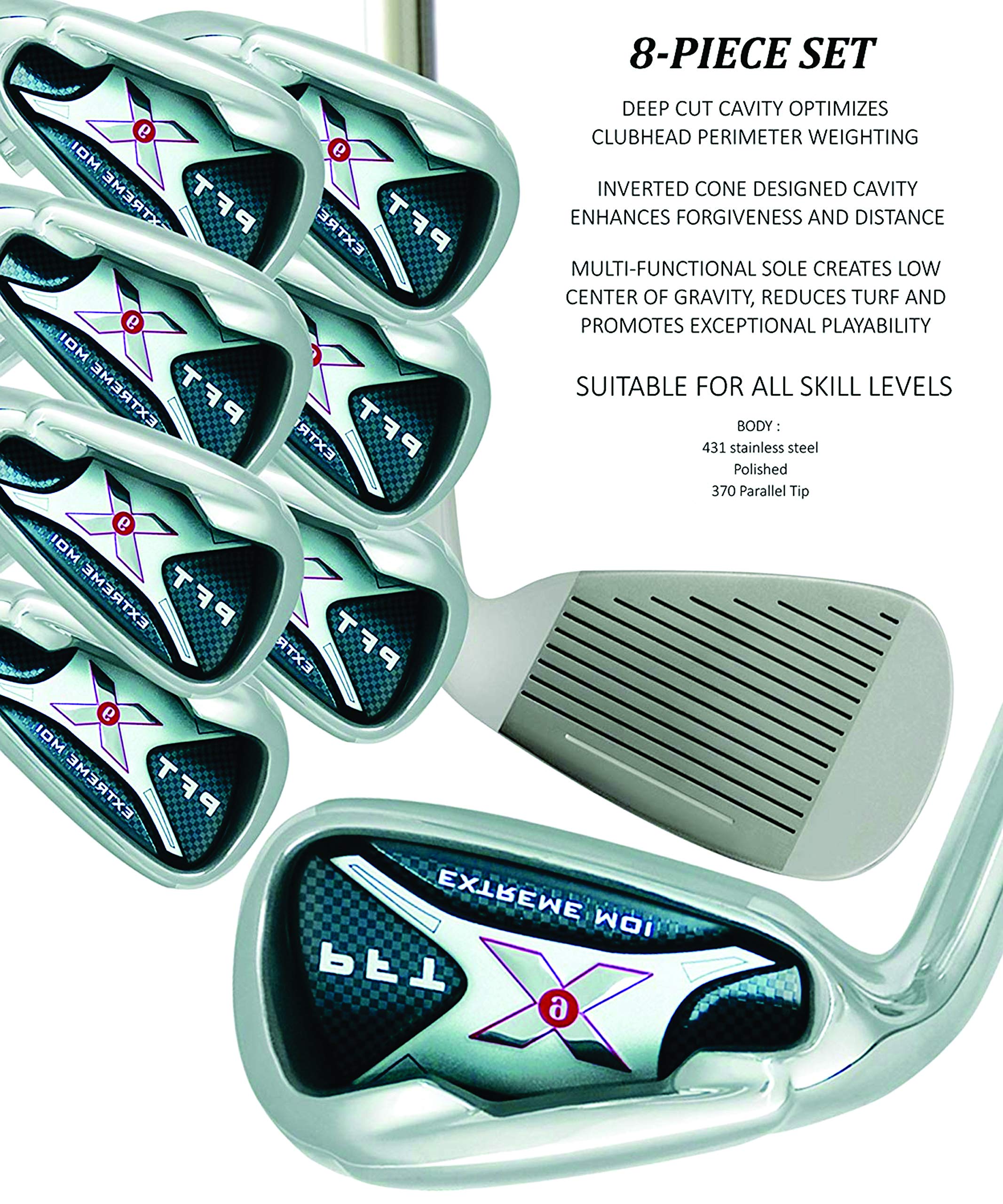 Left Handed PFT X9 Extreme MOI Iron Set +1 Inch for Big & Tall Men - 8-Piece Golf Club Set (4-SW) with Steel Shaft & Regular Flex - Ideal for Tall Players 6'0