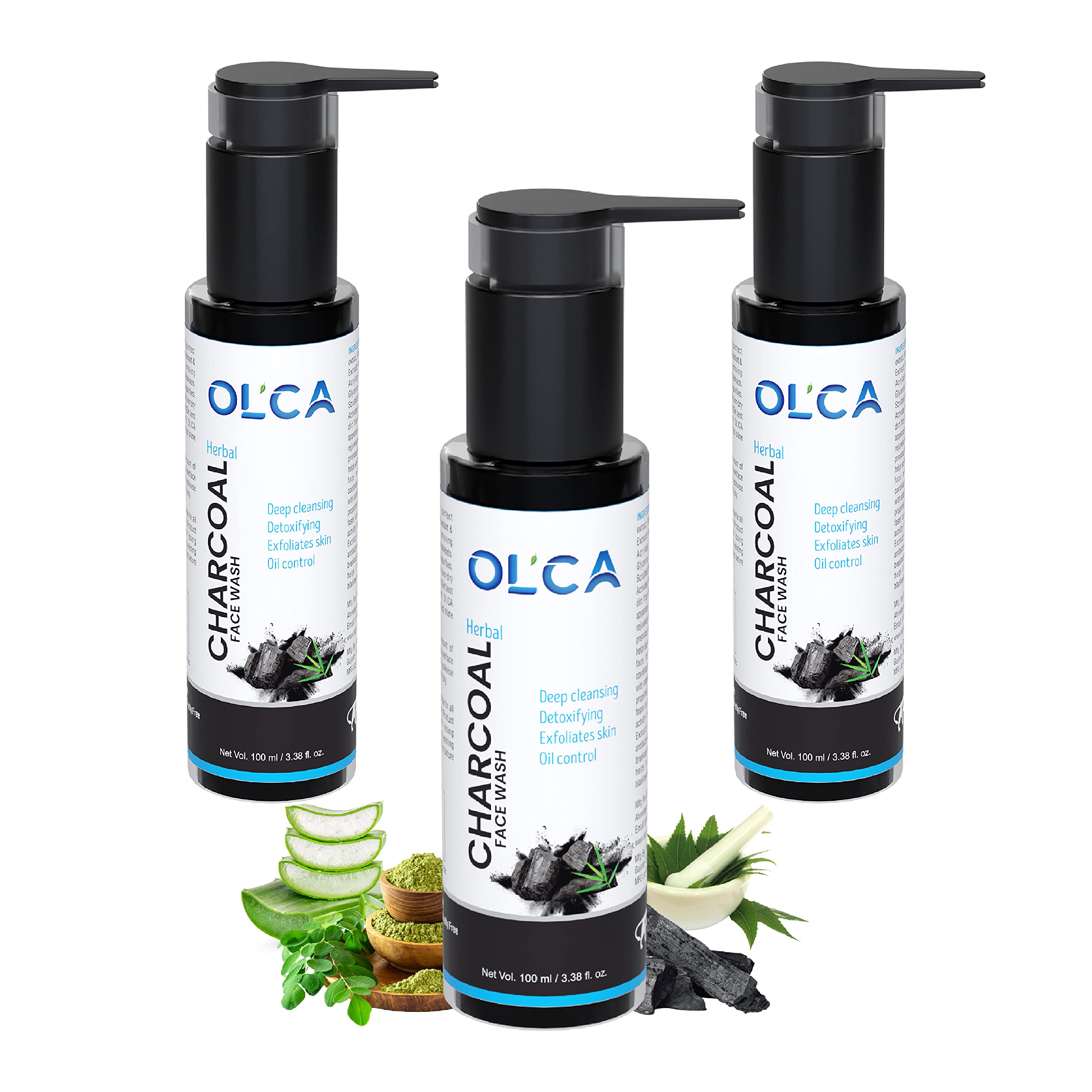 OLCA Charcoal Face Wash for Acne & Oily Skin - Deep Cleansing, Detoxifying & Exfoliating Facial Cleanser with Vitamin E & Natural Antibacterial Ingredients (100ml, Pack of 3) | Perfect for Daily Skincare Routine & Blackhead Removal