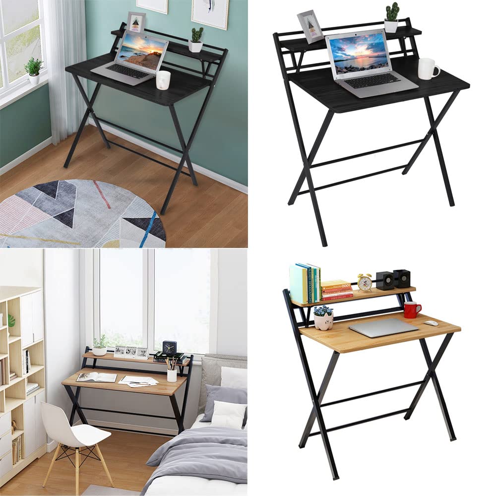 2 Tier Folding Desk with Shelf - Space Saving Computer & Laptop Study Table, No Assembly Needed, Khaki & Black - Perfect for Home Office, Dorm Room, and Small Spaces