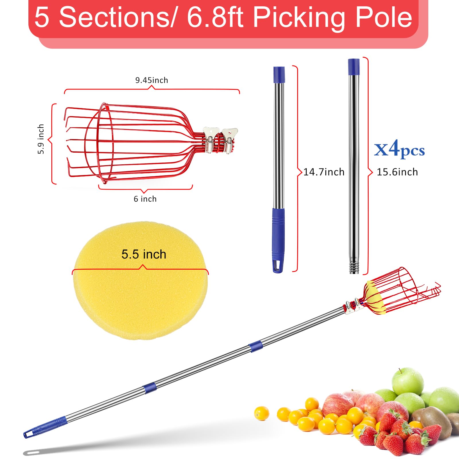 7 Feet Extendable Fruit Picker Pole with Metal Basket - 35-86 Inch Stainless Steel Harvesting Tool with Foam-Padded Clamp - Lightweight Fruit Picker for Apples, Mangoes, Pears, Lemons & Avocados - Perfect for Home Orchards, Backyard Harvesting & Tall Tree Fruit Picking