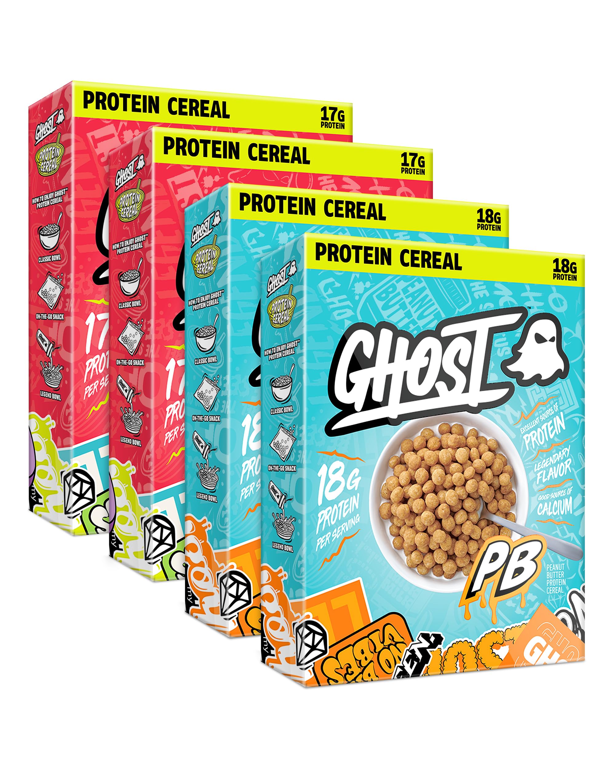 GHOST Protein Cereal Variety Pack - Marshmallow Flavor with Lucky Charms Marshmallows & Peanut Butter (4-Pack) | High Protein Breakfast Cereal (17g Protein) | Good Source of Calcium | Perfect for Post-Workout Snacks & Healthy Morning Meals