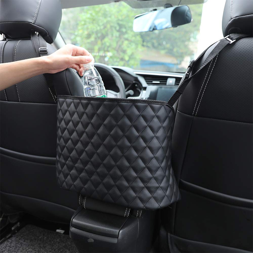 Premium Leather Car Seat Organizer - Large Capacity Hanging Storage Bag for Front Seat Back, Car Net Pocket & Handbag Holder Between Seats | Perfect for Road Trips, Family Travel & Daily Commute