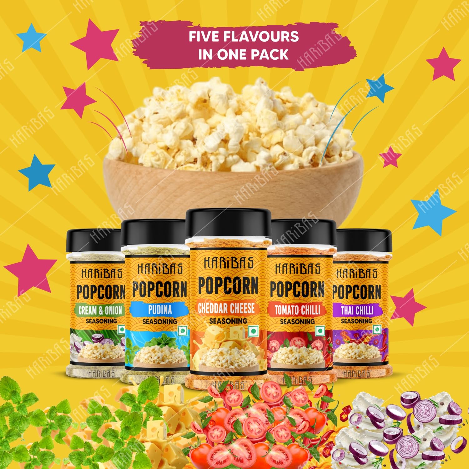 HARIBAS 5-Pack Popcorn Seasoning Powder Variety Set - Cheddar Cheese, Cream Butter & Onion, Tomato Chili, Thai, Pudina (50g Each) | Sprinkle on Popcorn, Nachos, French Fries, Maggie Noodles | Perfect for Movie Nights, Parties & Snack Time