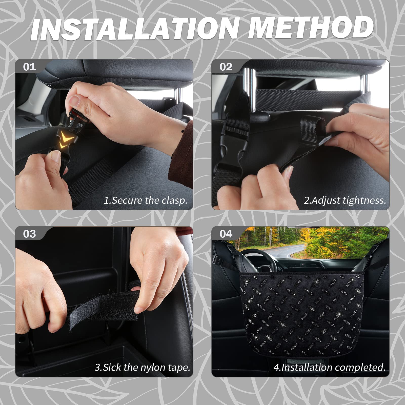 Crystal Car Organizer with Bling Diamonds - Purse & Handbag Holder for Women, Pet Barrier for Dogs & Kids - Black