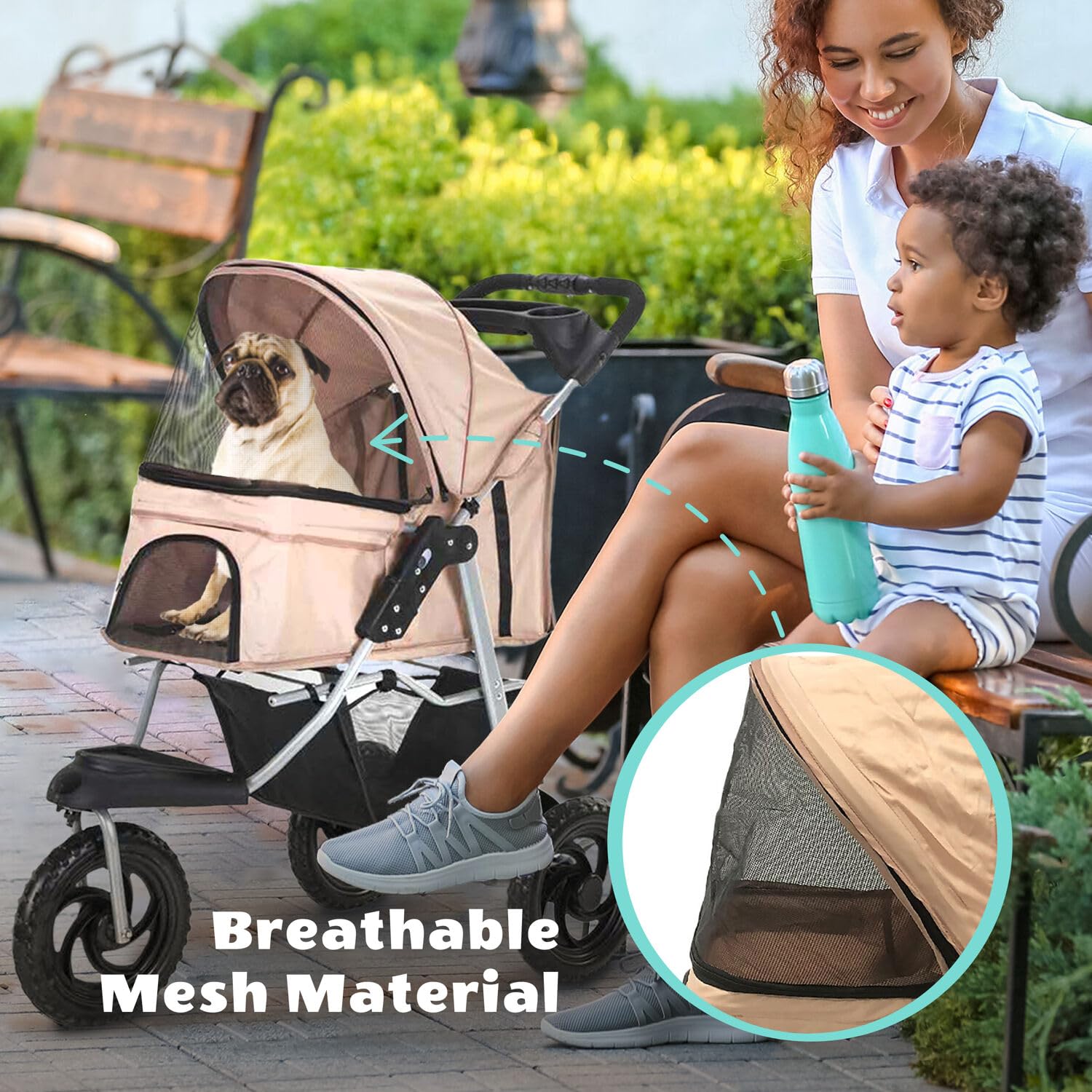 Critter Sitters 3-Wheel Jogging Dog Stroller with Storage Basket & Cup Holders - Modern Pet Stroller for Medium/Large Dogs up to 55lbs - Lightweight Puppy Stroller for Daily Walks, Park Visits & Outdoor Adventures (Tan)