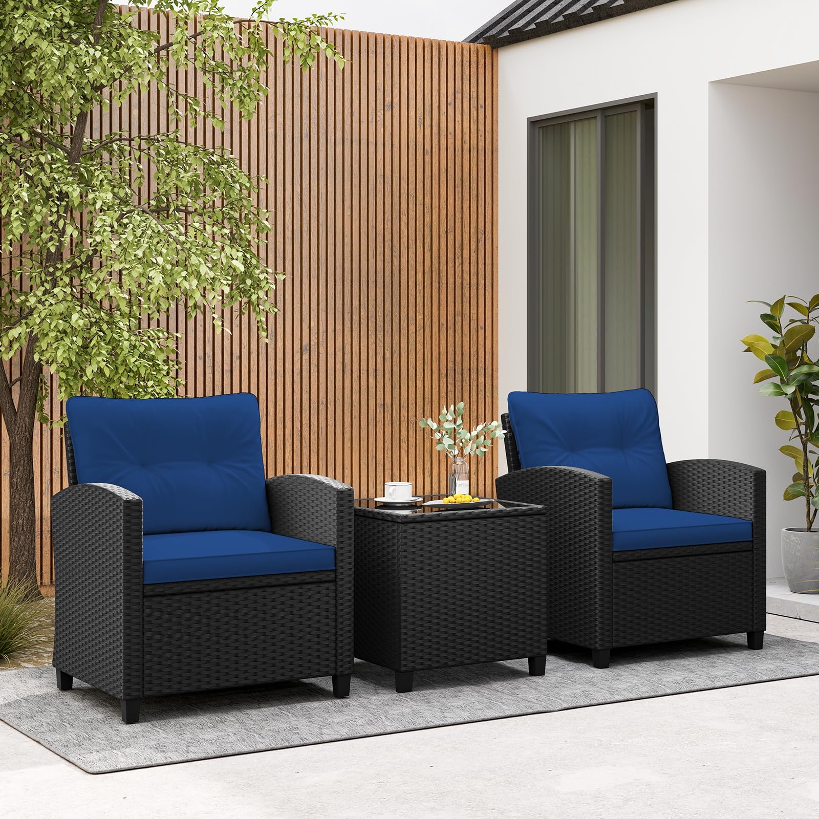 Tangkula 3-Piece Patio Furniture Set - Rattan Outdoor Conversation Set with Soft Cushions & Tempered Glass Coffee Table - Wicker Seating for Backyard, Porch, Poolside - Perfect for Relaxing, Entertaining & Outdoor Gatherings