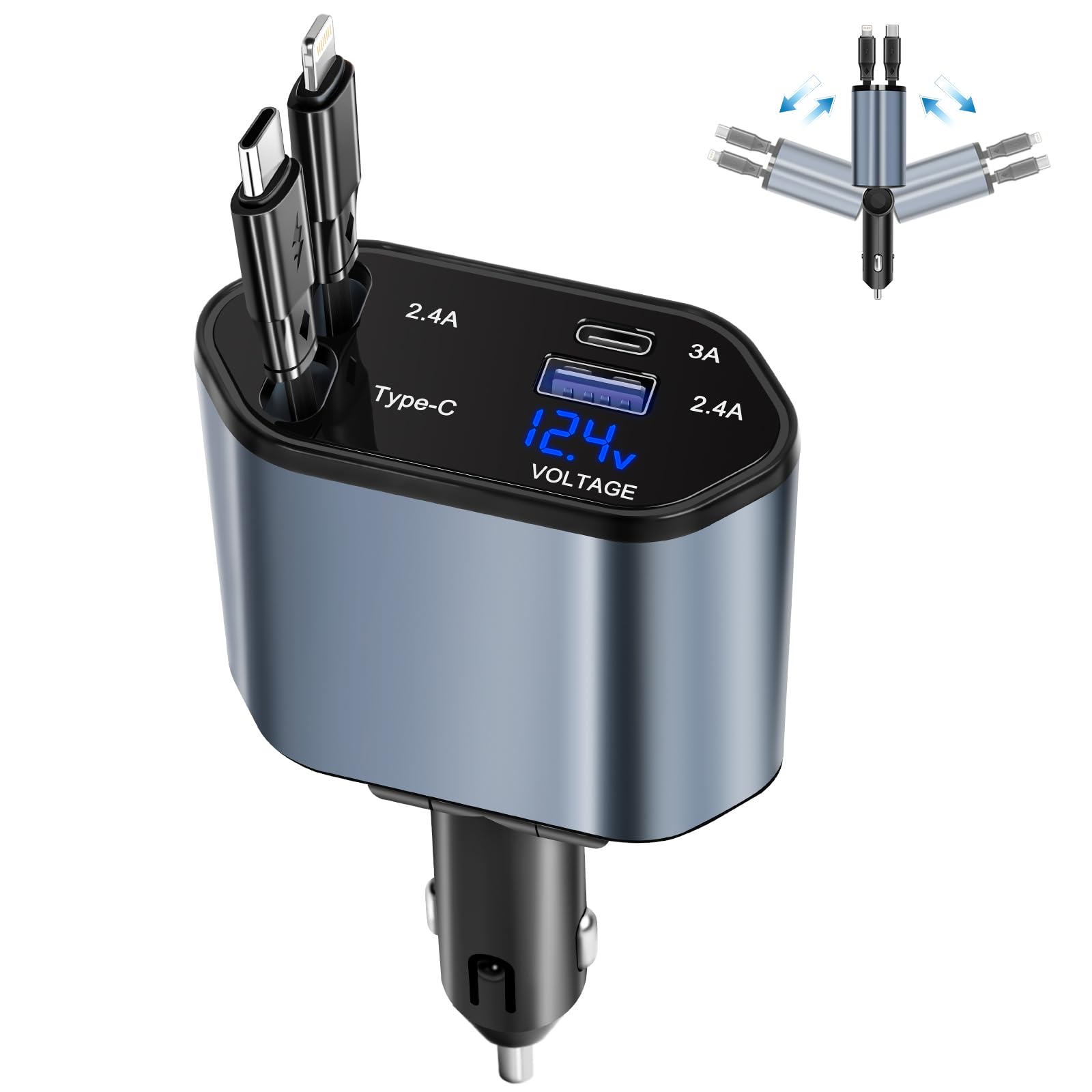 Lostrain Retractable Car Charger - Fast 4-in-1 USB C Car Phone Charger with 2 Retractable Cables (Type C & Lightning) & 2 USB Ports - Compatible with iPhone 15/14/13, Samsung Galaxy S23/S22, Google Pixel, iPad - Perfect for Road Trips, Commuting & Travel Charging