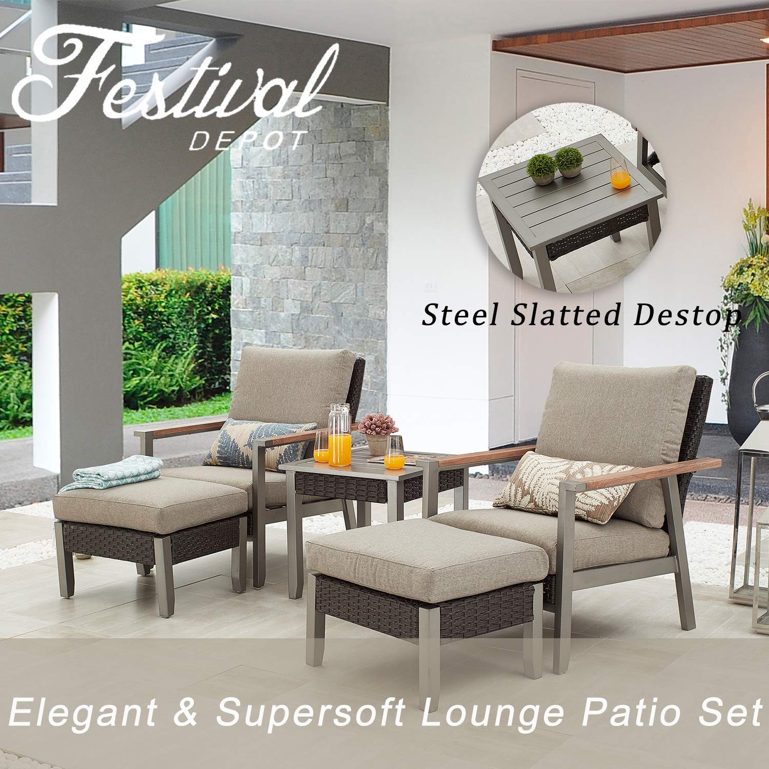 5-Piece Outdoor Patio Furniture Set with Conversation Chairs, Cushions, Ottomans & Square Coffee Table - Metal Frame Garden Bistro Seating with Thick Soft Cushions (Grey) - Perfect for Backyard, Poolside, and Outdoor Entertaining