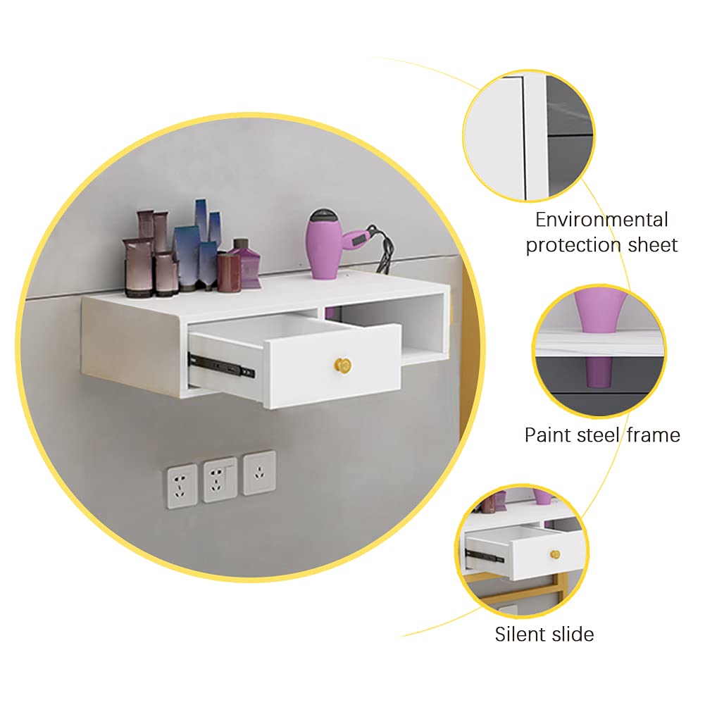 White Marble Wooden Wall Mounted Salon Styling Station with Sliding Drawer - Hair Dryer Holder & Organizer for Styling Products - Perfect for Home Salon Decor & Professional Beauty Spaces