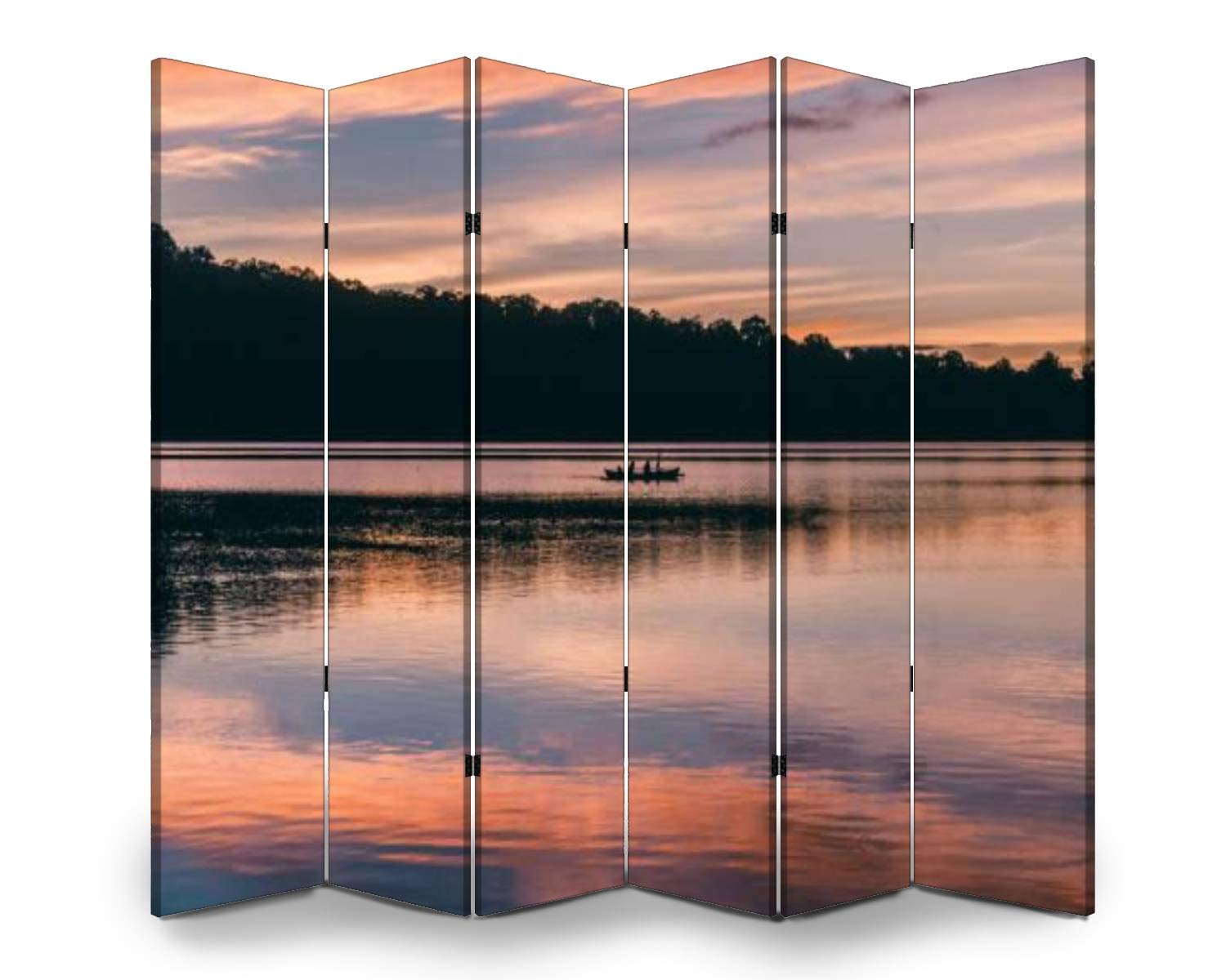 6-Panel Wooden Folding Room Divider - Dual-Sided Canvas Privacy Screen with Indoor Display Shelves | Perfect for Home Office, Bedroom Partition & Living Room Decor | Lake Sunrise Pink Clouds Artwork