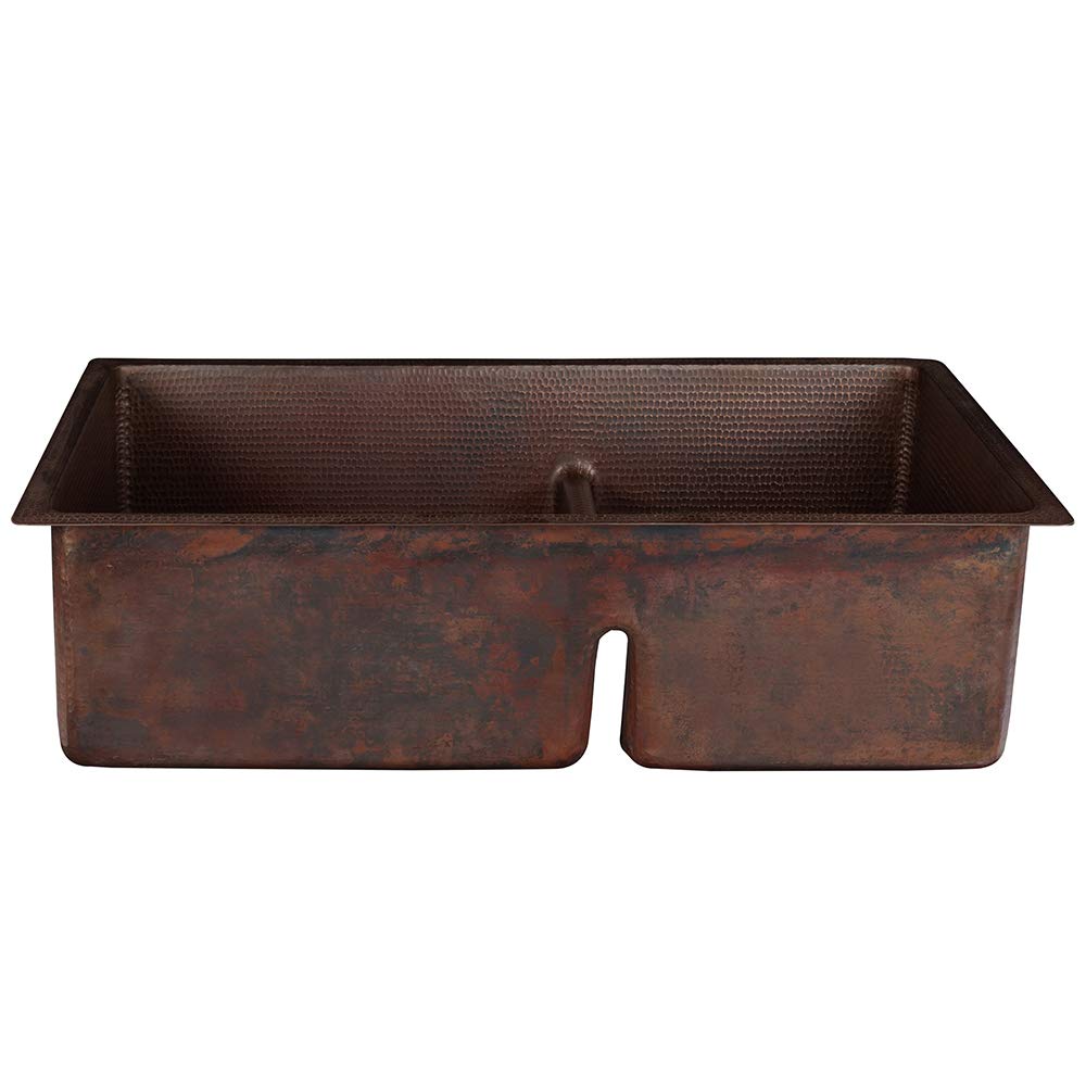 Premier Copper 33-Inch Undermount Kitchen Sink with Drain - Split Basin Copper Farmhouse Sink for Modern & Rustic Kitchens - Perfect for Food Prep, Dishwashing & Farmhouse Style Decor