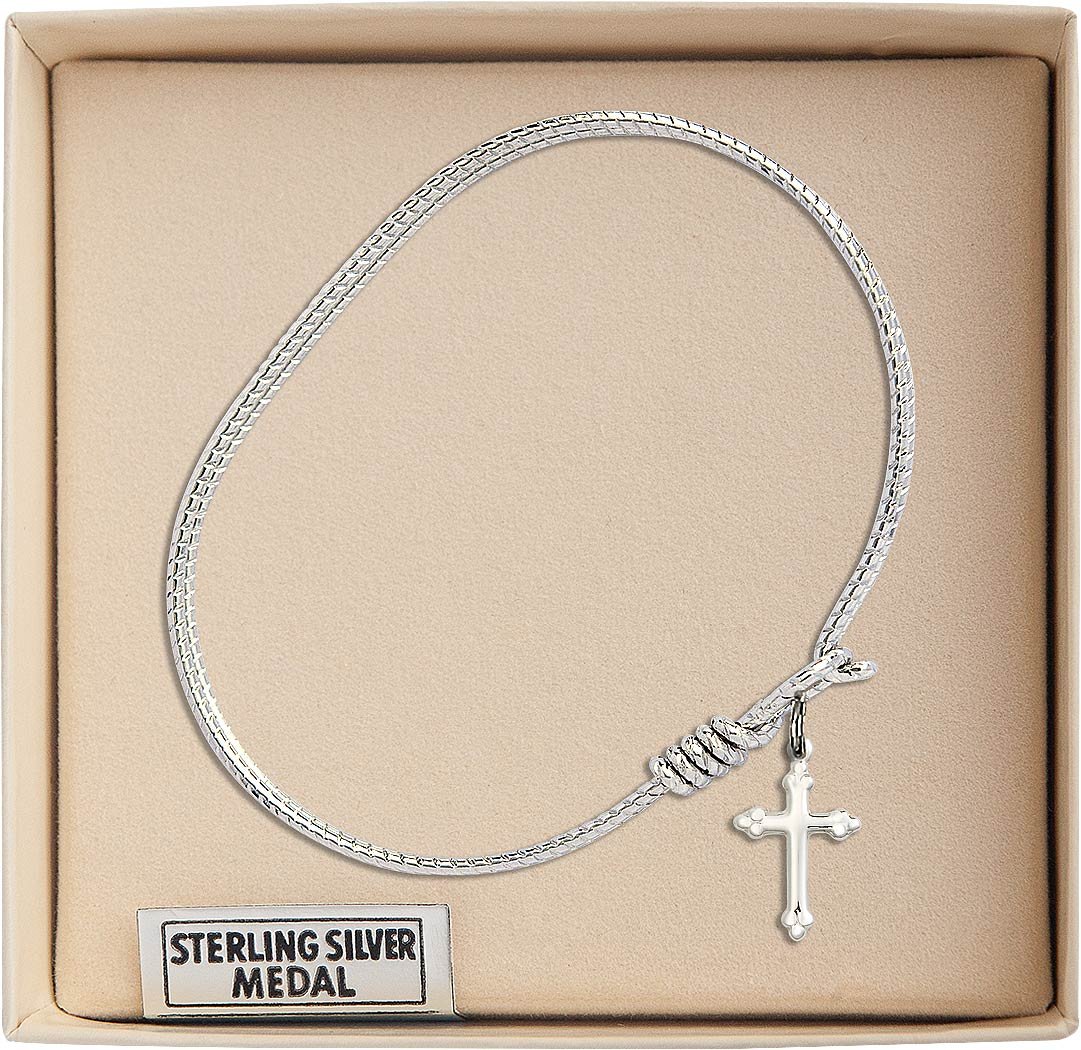 Sterling Silver Oval Eye Hook Bangle Bracelet with Cross Charm - Perfect for Everyday Wear, Gifts & Religious Occasions