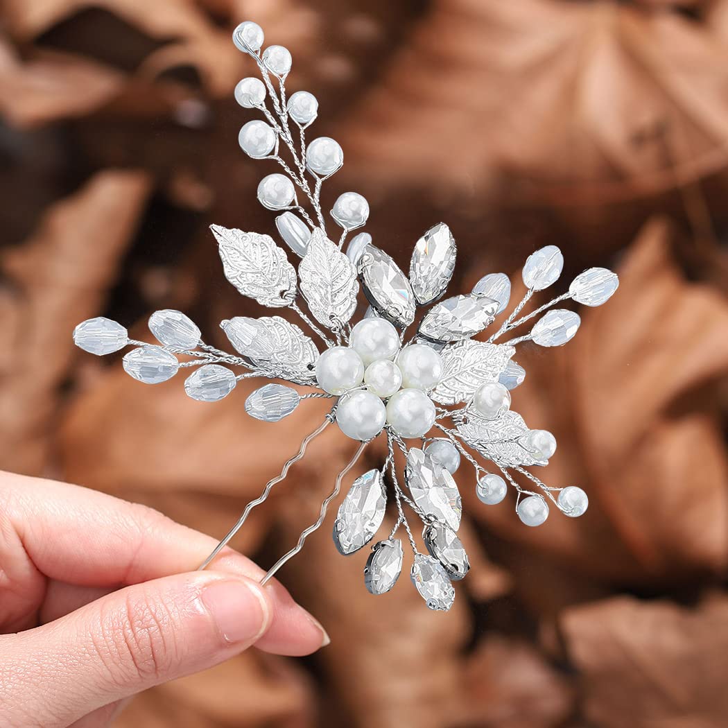 Pearl Bridal Hair Pins - Silver Leaf Rhinestone Hair Accessories for Wedding & Parties