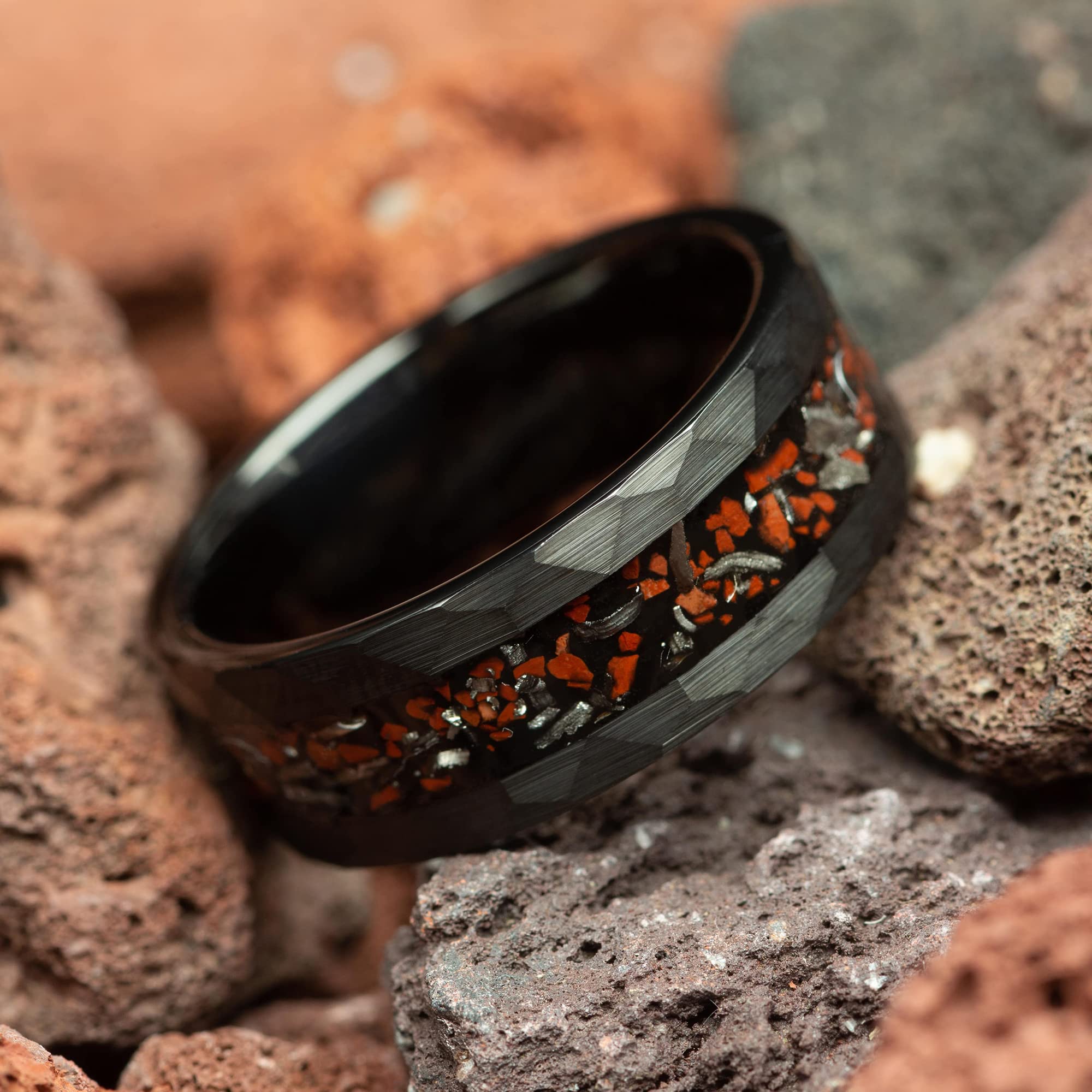 Dinosaur Bone & Meteorite Men's Wedding Ring - 8mm Hammered Black Tungsten Band - Comfort Fit for Men - Unique Groomsmen Gift & Anniversary Jewelry