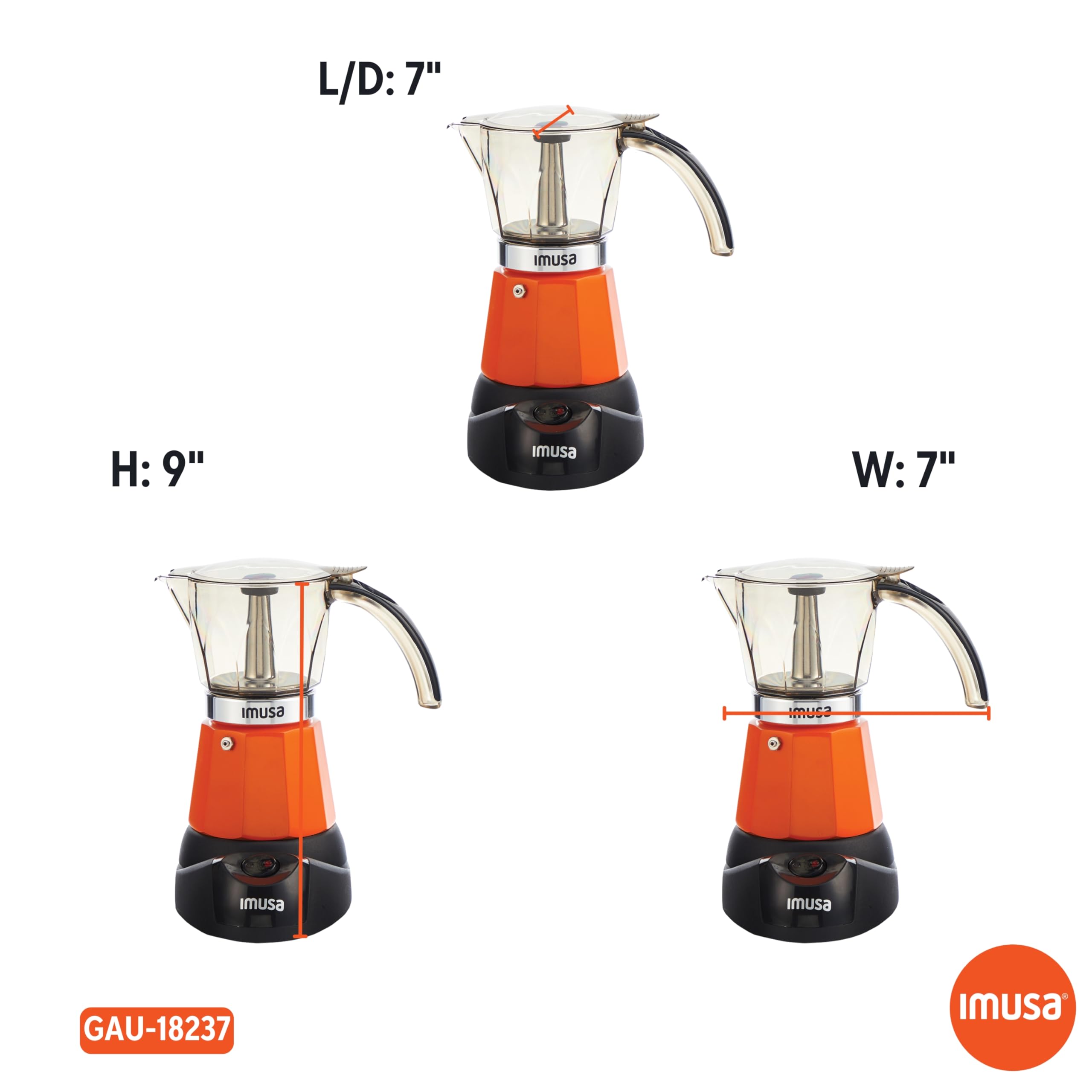 Imusa 6-Cup or 3-Cup Electric Espresso Coffee Maker Machine - Orange - Perfect for Home, Office & Small Kitchens
