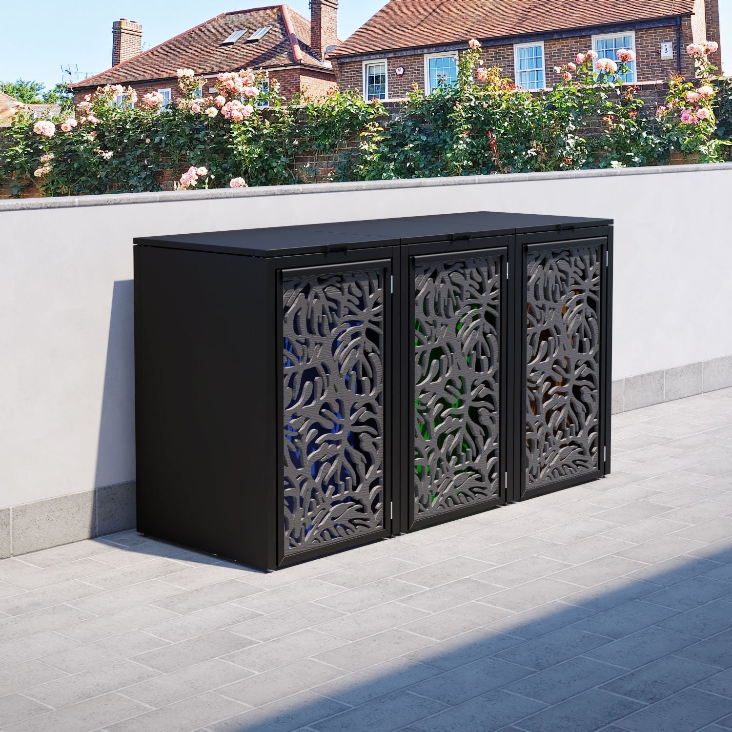 Black 3 Bin Storage Organizer with Botanical Door Screen - Perfect for Pantry, Kitchen, Bathroom & Closet Organization