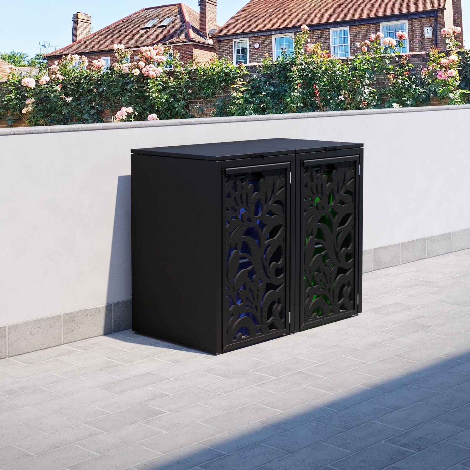 Vintage Black 2 Bin Storage Cabinet with Decorative Heritage Door Screen - Perfect for Kitchen Pantry Organization & Farmhouse Style Home Decor