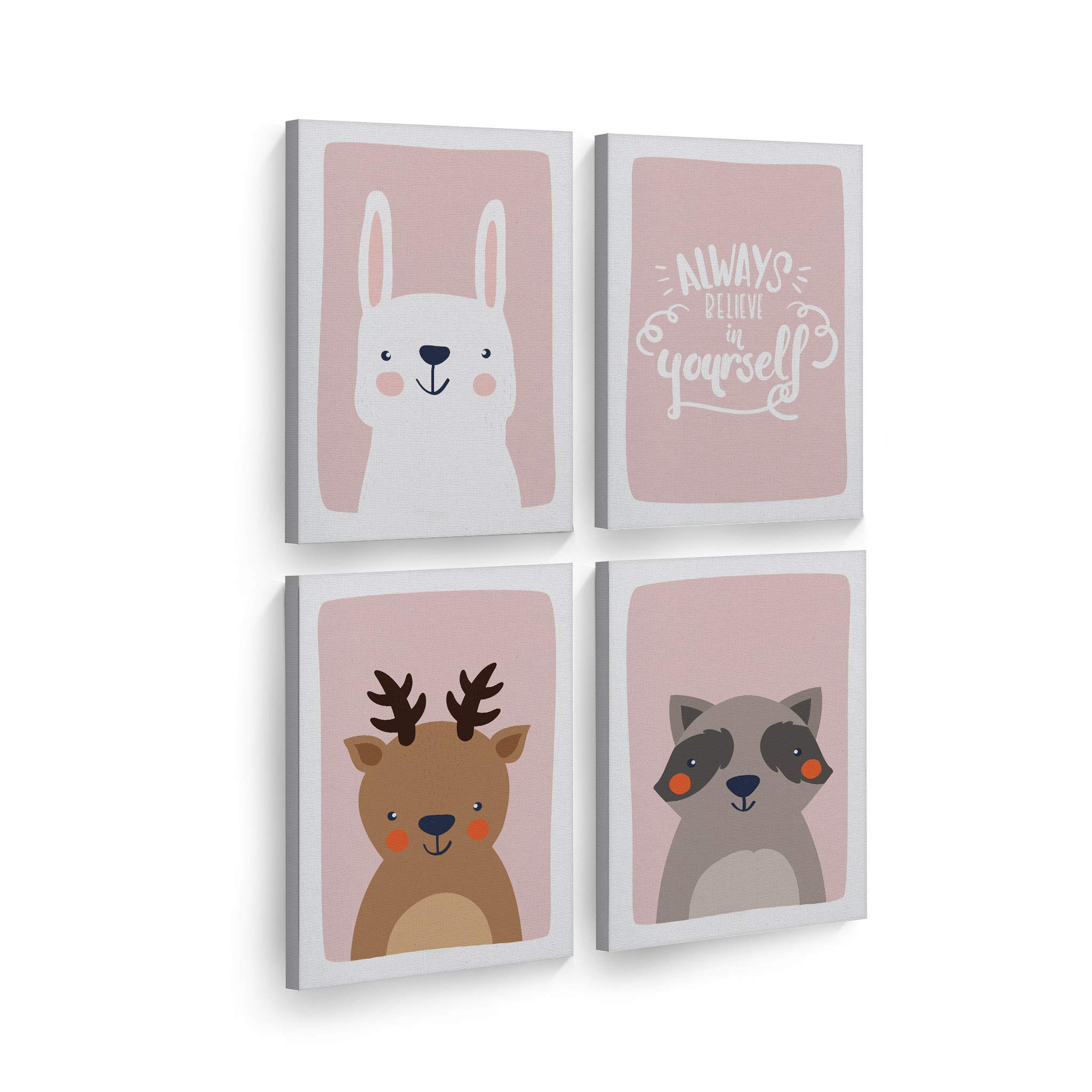 Cute Rabbit Deer Raccoon Canvas Wall Art Set - 4 Piece Nursery Decor with Inspirational Quotes on Pink Background - Ready to Hang Kids Room Decor for Baby Boy & Girl (22x15 Inches Each) - Perfect for Nursery, Playroom, or Children's Bedroom Decor - Made in USA