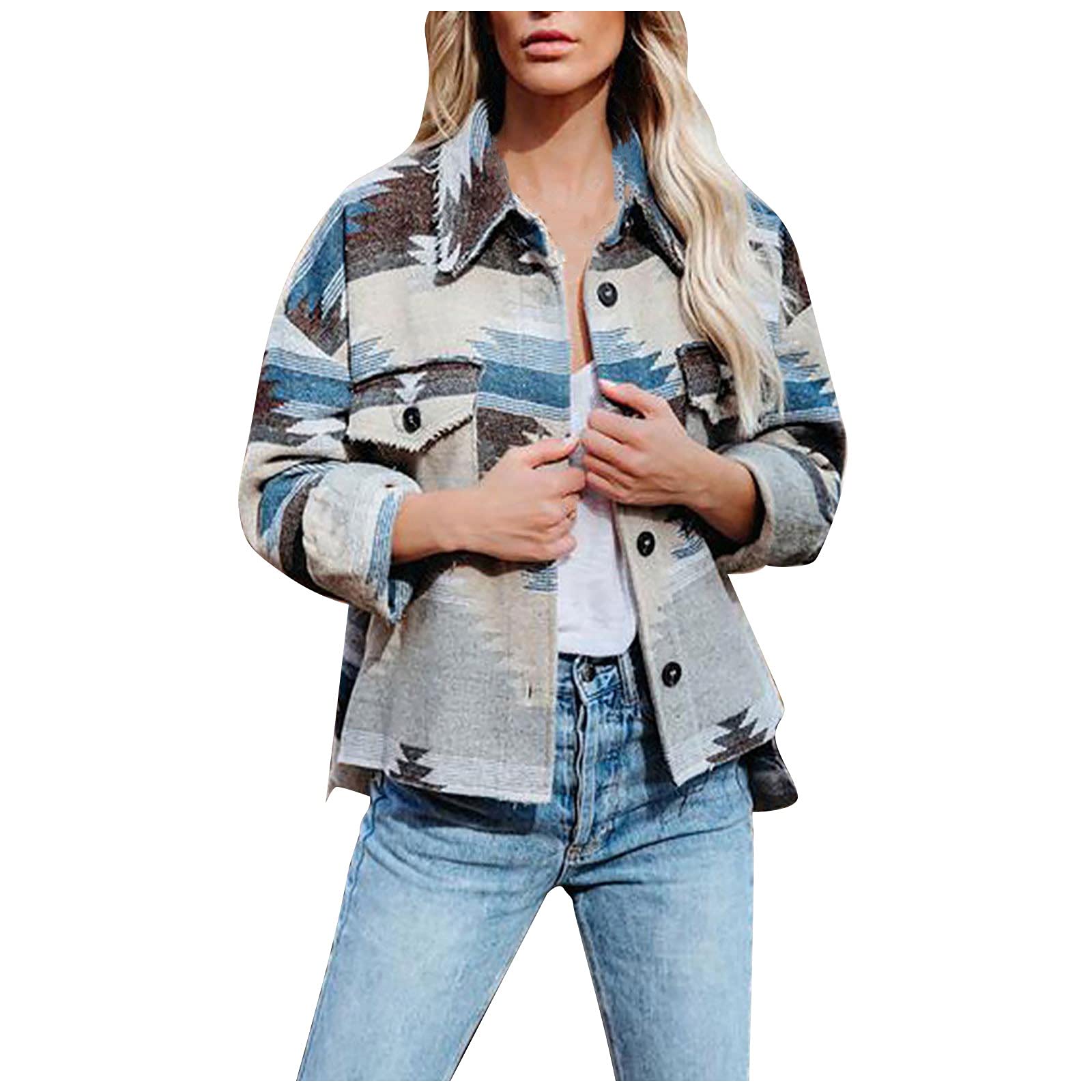 Vintage Aztec Geometric Print Frayed Shacket Jacket for Women - Boho Chic Fall Outerwear for Casual Wear, Street Style & Layering