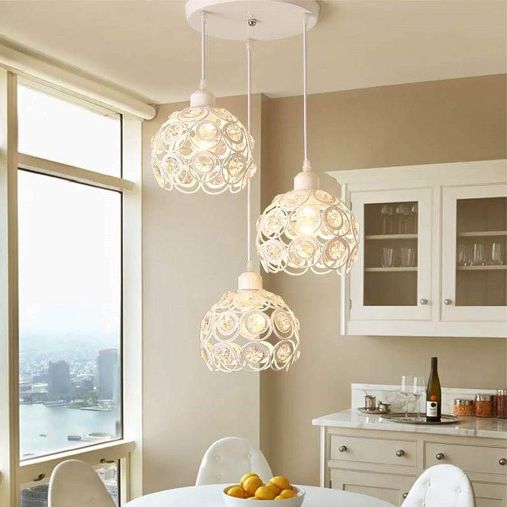 Vintage Industrial Ceiling Pendant Light - Adjustable Round Metal Chandelier with Crystal Lampshade, 3-Light Fixture in White - Perfect for Living Room, Bedroom, and Dining Table Lighting