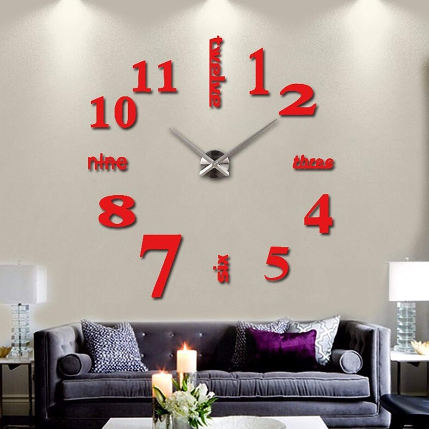 Elikeable Modern 3D Frameless Large DIY Wall Clock - Silent Non-Ticking Decorative Clock for Living Room, Bedroom, Office - Silver Red Home Decor (Perfect for Home, Office & Gift Giving)