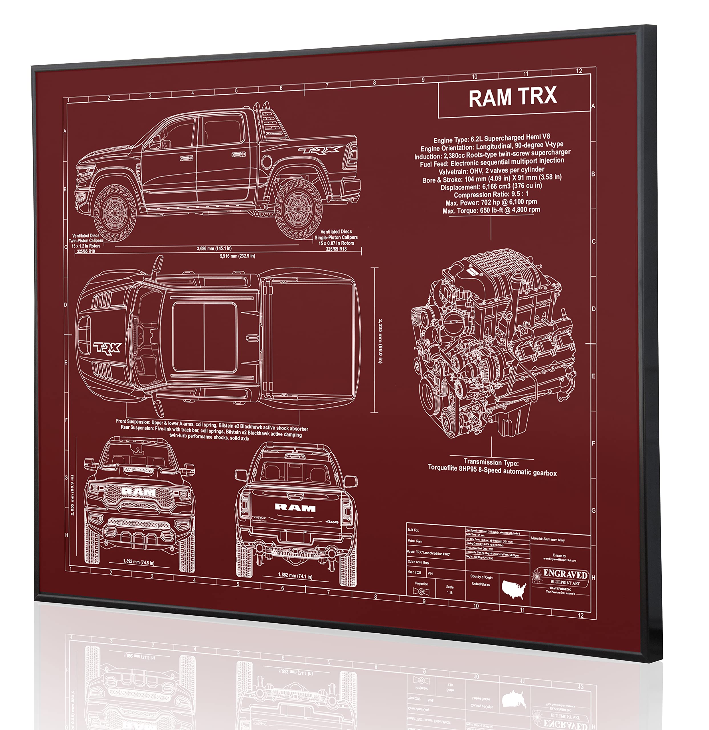 Custom Dodge Ram TRX Blueprint Artwork - Laser Engraved & Personalized Gift for Dodge Lovers - Perfect for Home, Office Decor & Car Enthusiast Gifts