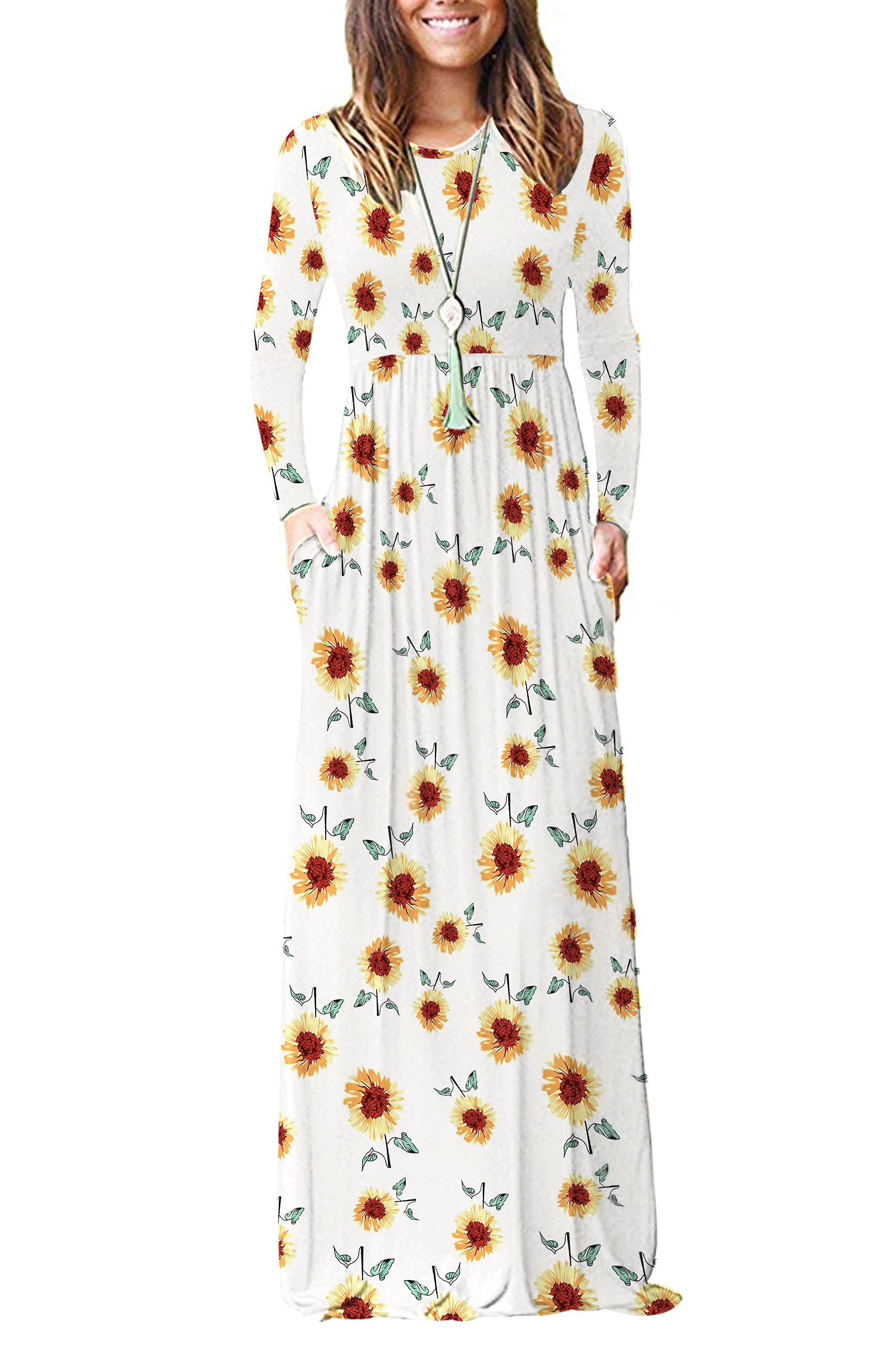 MISFAY Women's Long Sleeve Casual Maxi Dress with Pockets - Loose Fit Plain Long Dress for Everyday Wear, Beach Cover Up, or Office Outfits