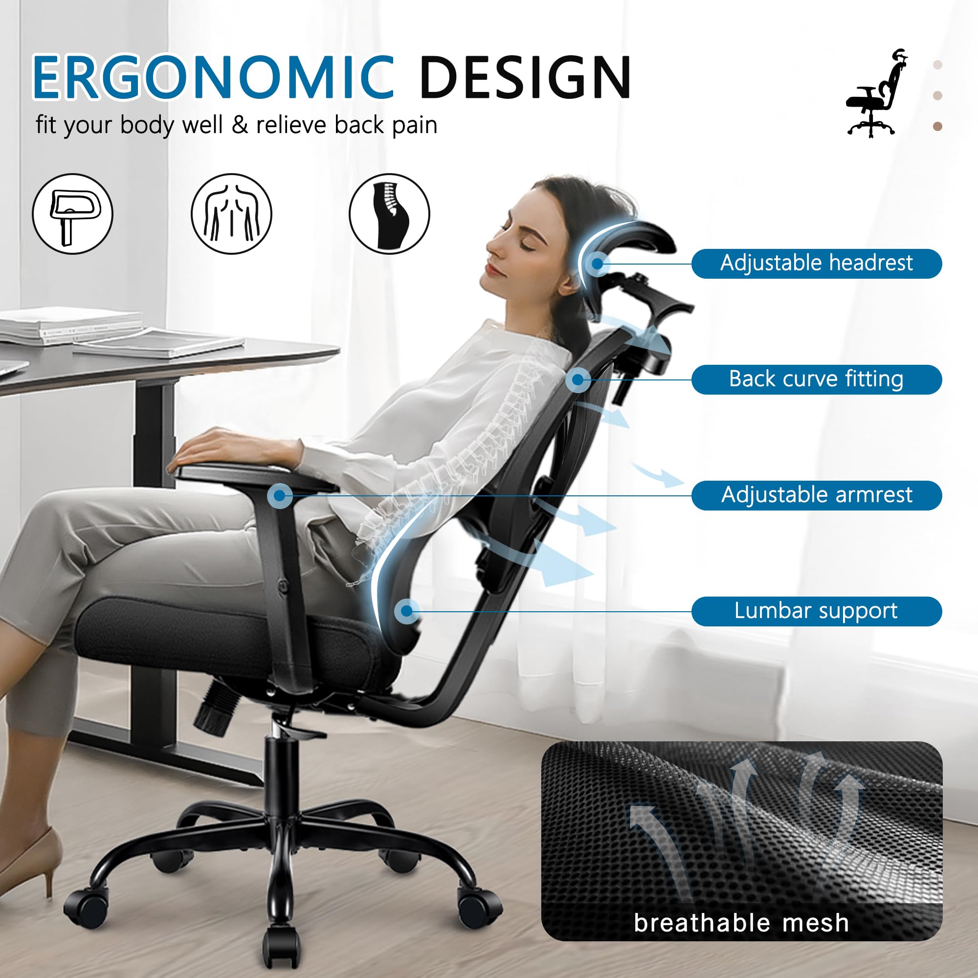 Winrise Ergonomic Office Chair - High Back Mesh Computer Desk Chair with Lumbar Support & Adjustable Armrests, Big and Tall Comfortable Gaming Chair for Home Office (Black) - Perfect for Long Work Hours, Gaming Sessions & Remote Work Setup