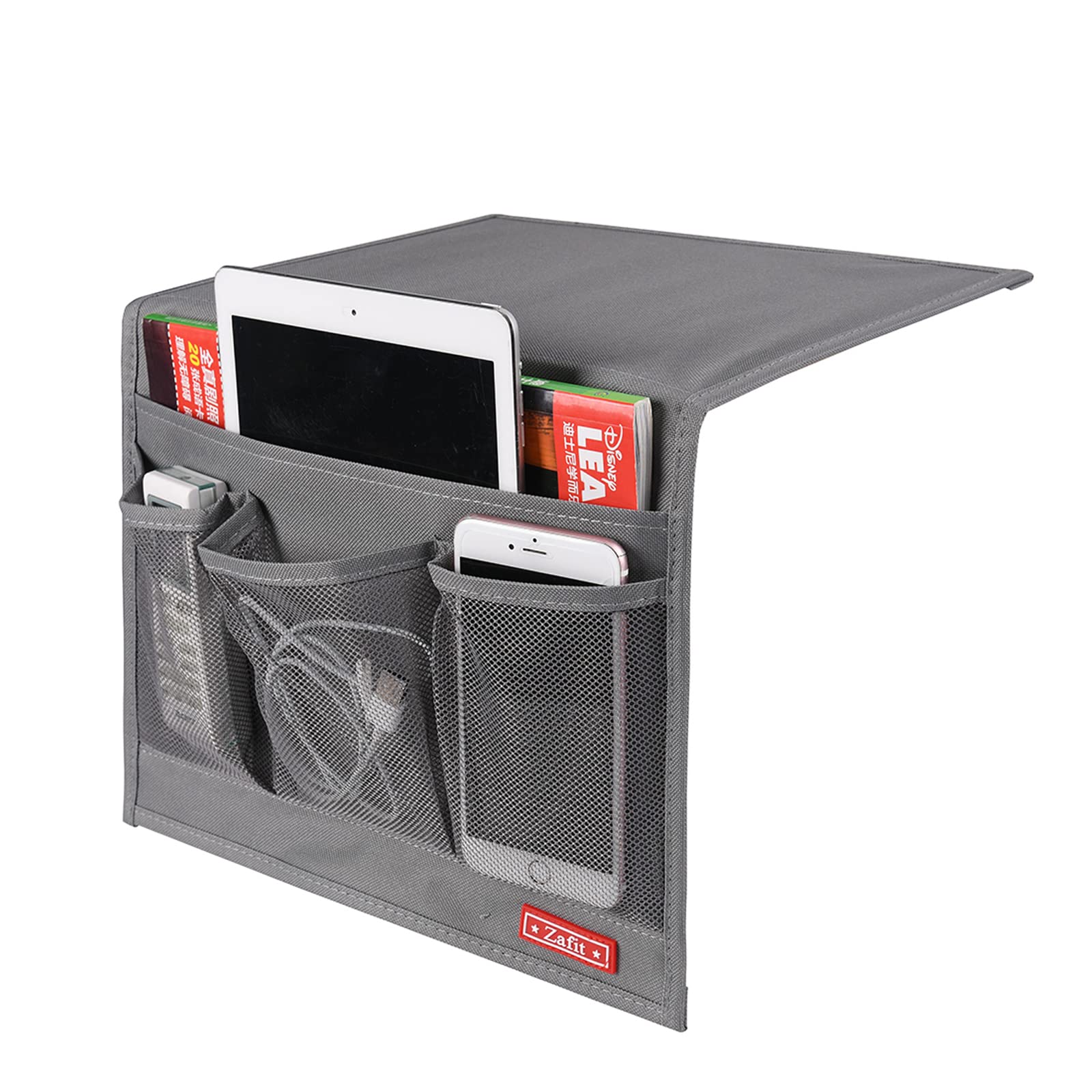 Bedside Storage Organizer with 4 Pockets - Grey | Nightstand Caddy for Phone, Glasses, Remote Control & Essentials | Perfect for Bedroom, Living Room & Office Organization