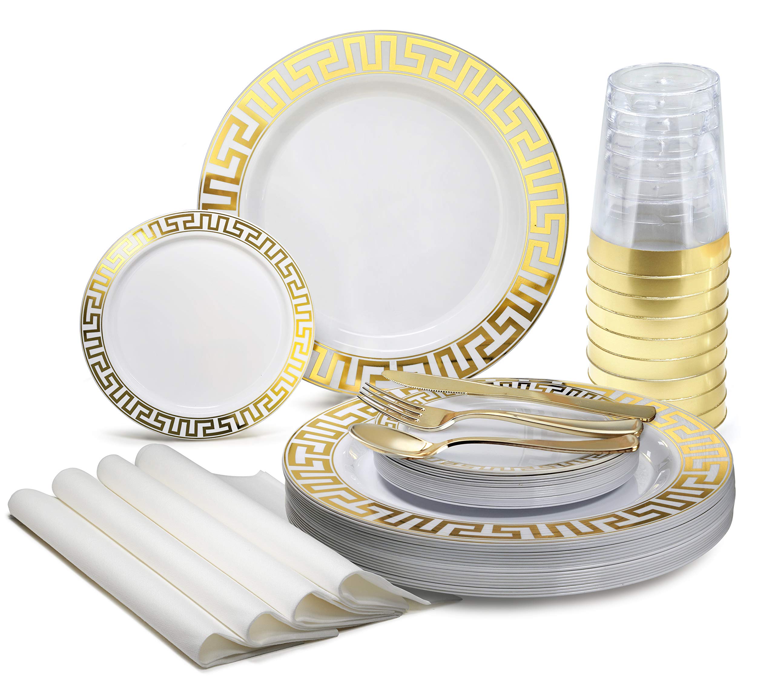 840-Piece Heavyweight Disposable Plastic Plate Set for Weddings & Parties - Includes 120 x 10.5'' Dinner Plates, 120 x 6.25'' Dessert Plates, Gold Silverware, Cups & Napkins (Milano White & Gold) - Perfect for Large Events, Bridal Showers & Catering