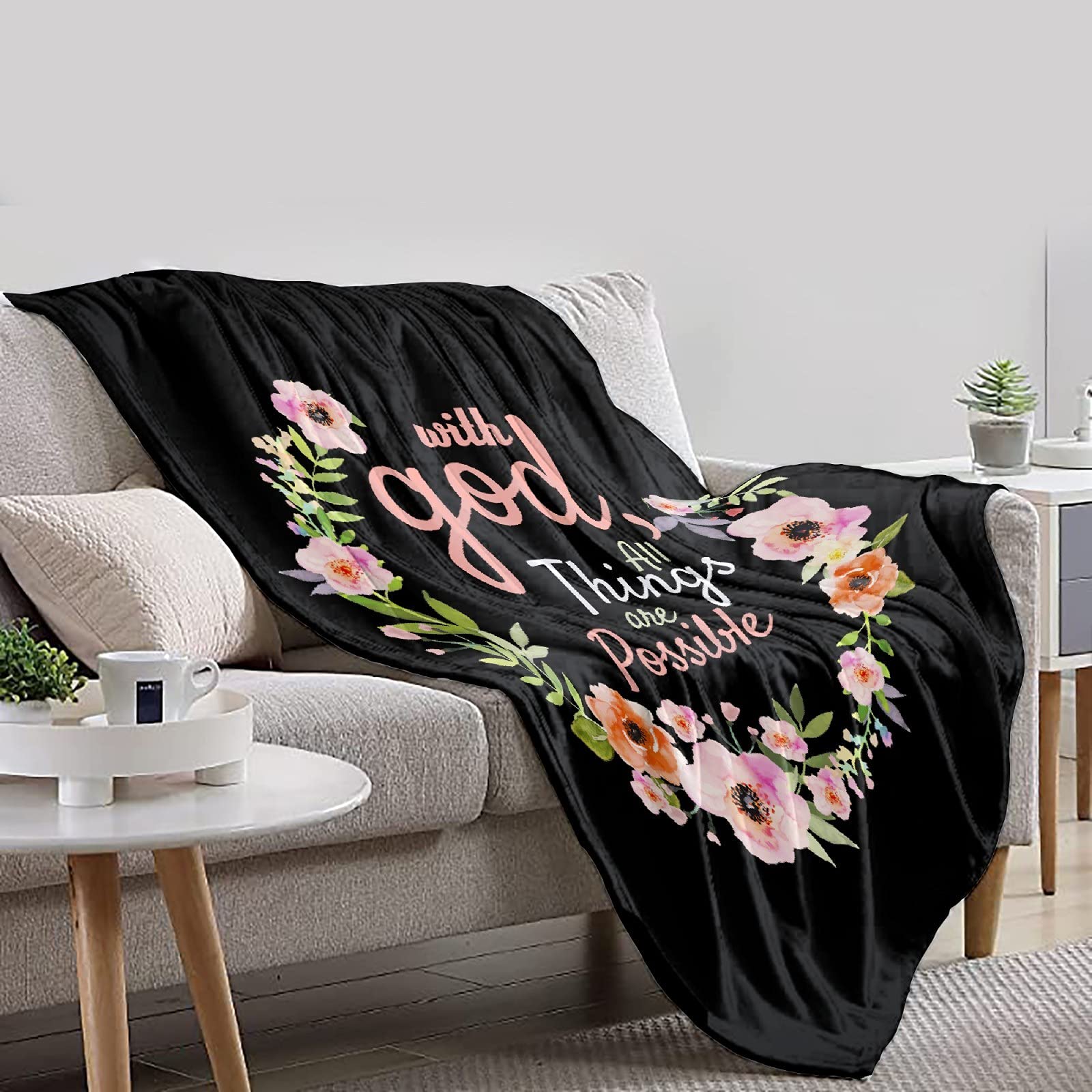 All Things Are Possible with God Bible Verse Blanket - Lightweight Plush Throw Blanket with Scripture Quote, 120