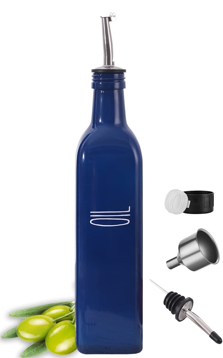17oz Glass Olive Oil Dispenser Bottle with Pour Spout - Navy Blue Farmhouse Kitchen Decor Set for Cooking, Salad Dressing & Baking (1 Bottle)