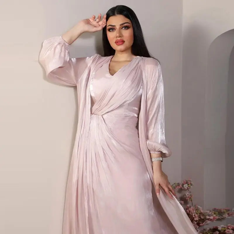 2 Piece Set Bright Satin Open Abaya Dress with Inner Sleeveless Dress - Muslim Prayer Dress, Eid Outfit, Ramadan Fashion, Modest Evening Wear for Women